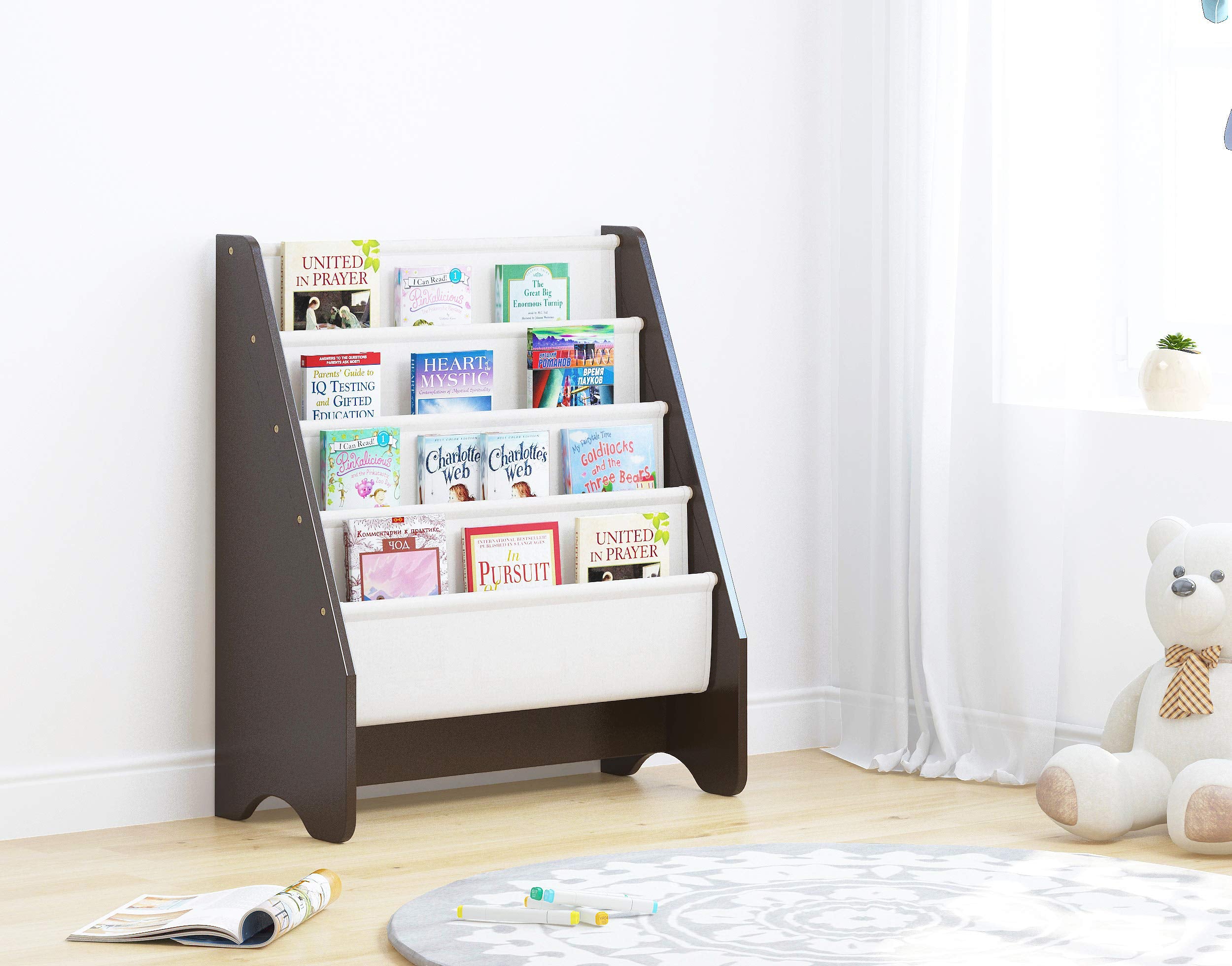 UTEX Kids Sling Bookshelf - Kids Magazine Rack with Organizer, Book Organizer (Espresso)