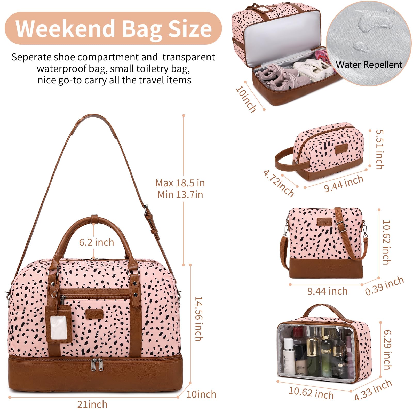 Wogarl 4PCS Weekender Bags for Women Large Overnight Weekend Travel Duffel Carry on Shoulder with Shoe Compartment Canvas Toiletry Bag for Travel Business Gym