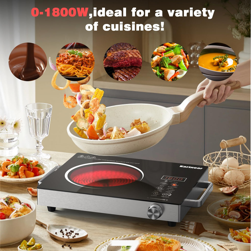 Karinear Portable Electric Stove 110V, 1800W Electric Hot Plate with Handle, Knob Control Single Burner Electri Cooktop, Ceramic Infrared Countertop Burner, Timer, Safety Lock(Green)