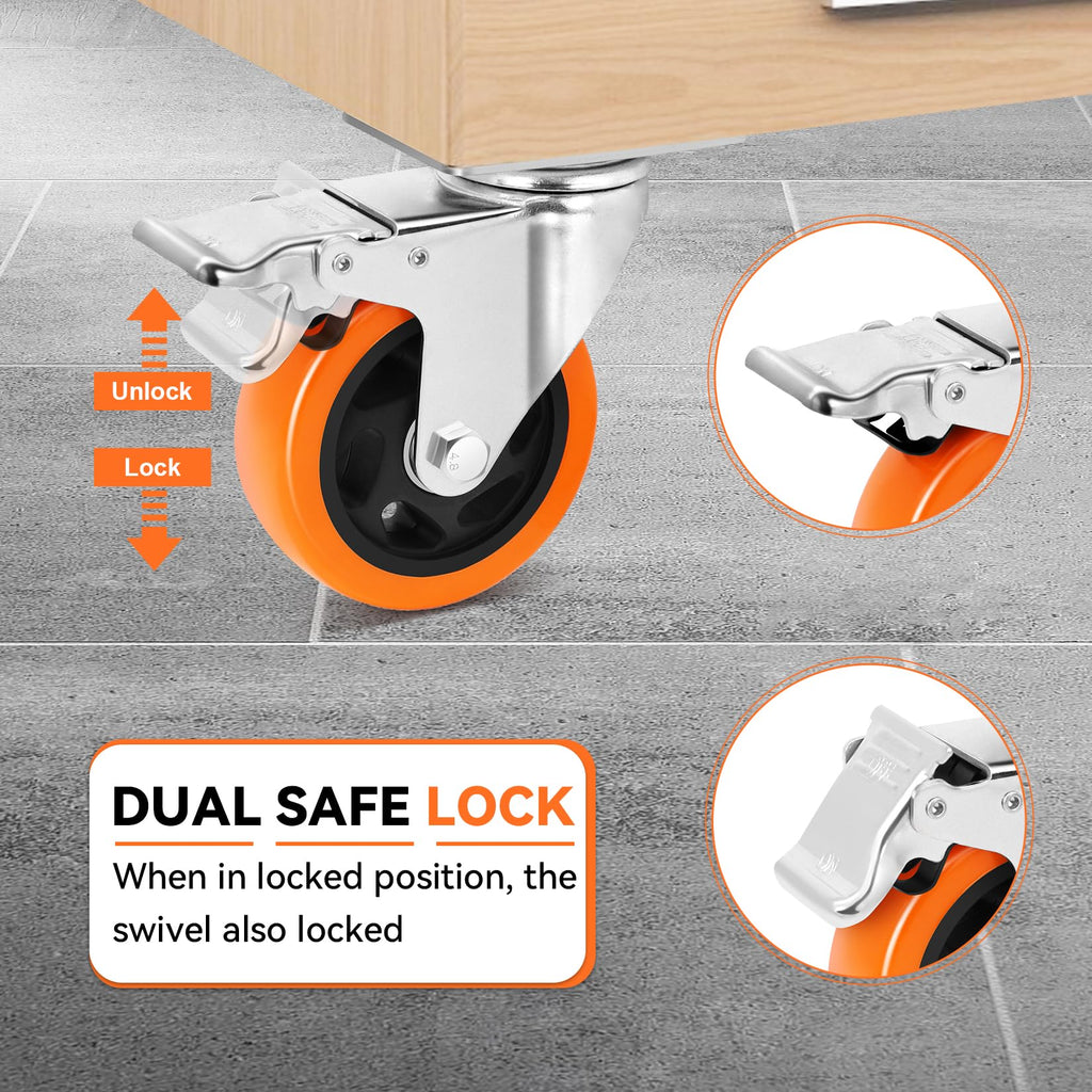 W B D WEIBIDA 2" Plate Caster Wheels Heavy Duty 600 Lbs Load Capacity Swivel Casters with Brake Set of 4, Safety Dual Locking, No Noise Wheels for Furniture, Carts (Screws and Screwdriver)