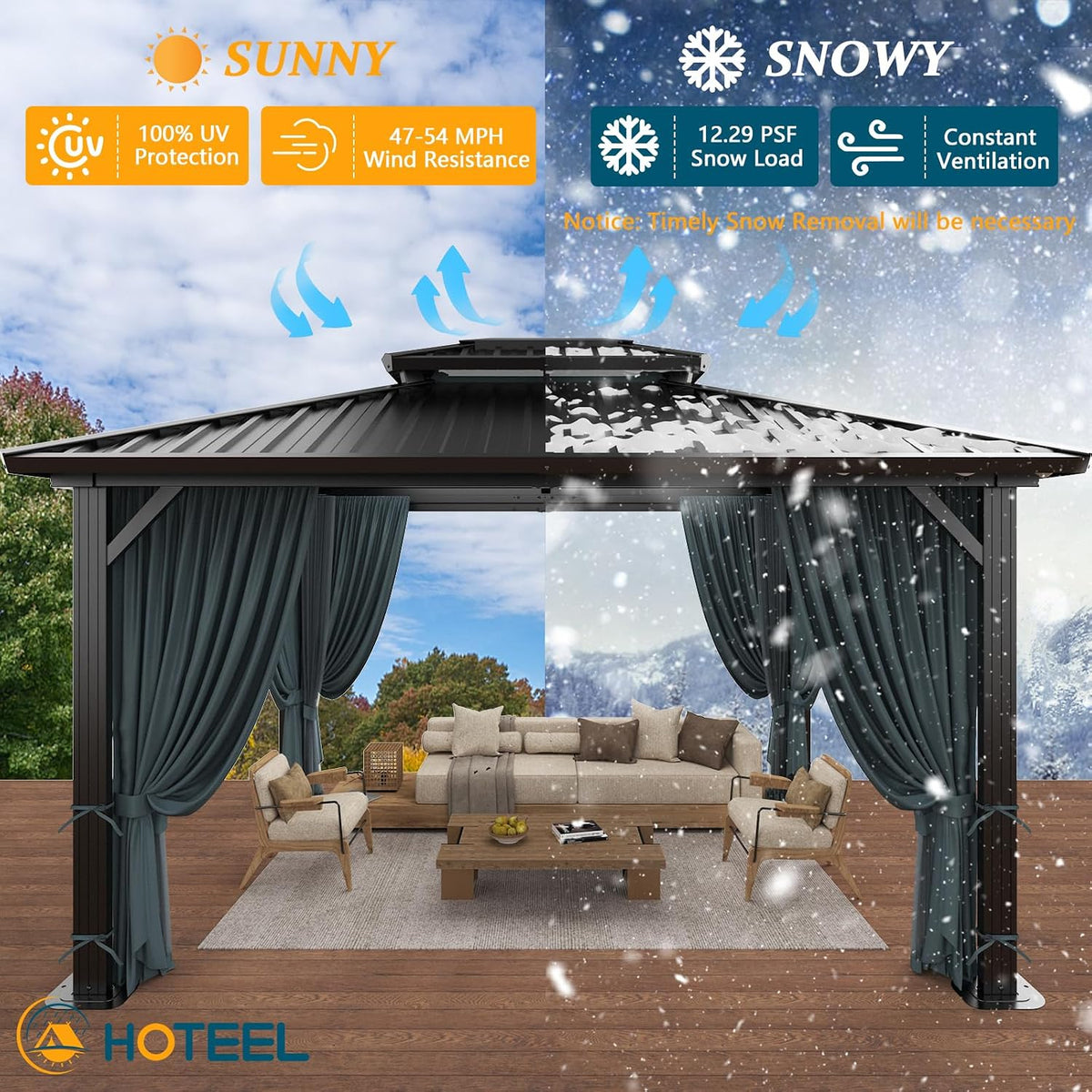 HOTEEL 10x12 Hardtop Gazebo Hot Tub Gazebo with Flame-Retardant Curtain Netting, Heavy Duty Pavilion with Galvanized Steel Double Roof, Aluminum Frame Outdoor Canopy for Patio and Party (Upgraded 3.0)