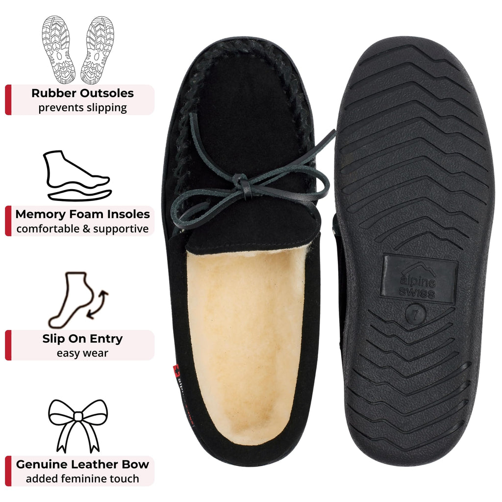 Alpine Swiss Sabine Womens Moccasin Slippers Genuine Suede House Shoe Memory Foam Insole Plush Faux Shearling Fur Indoor Outdoor Anti-Slip Rubber Sole