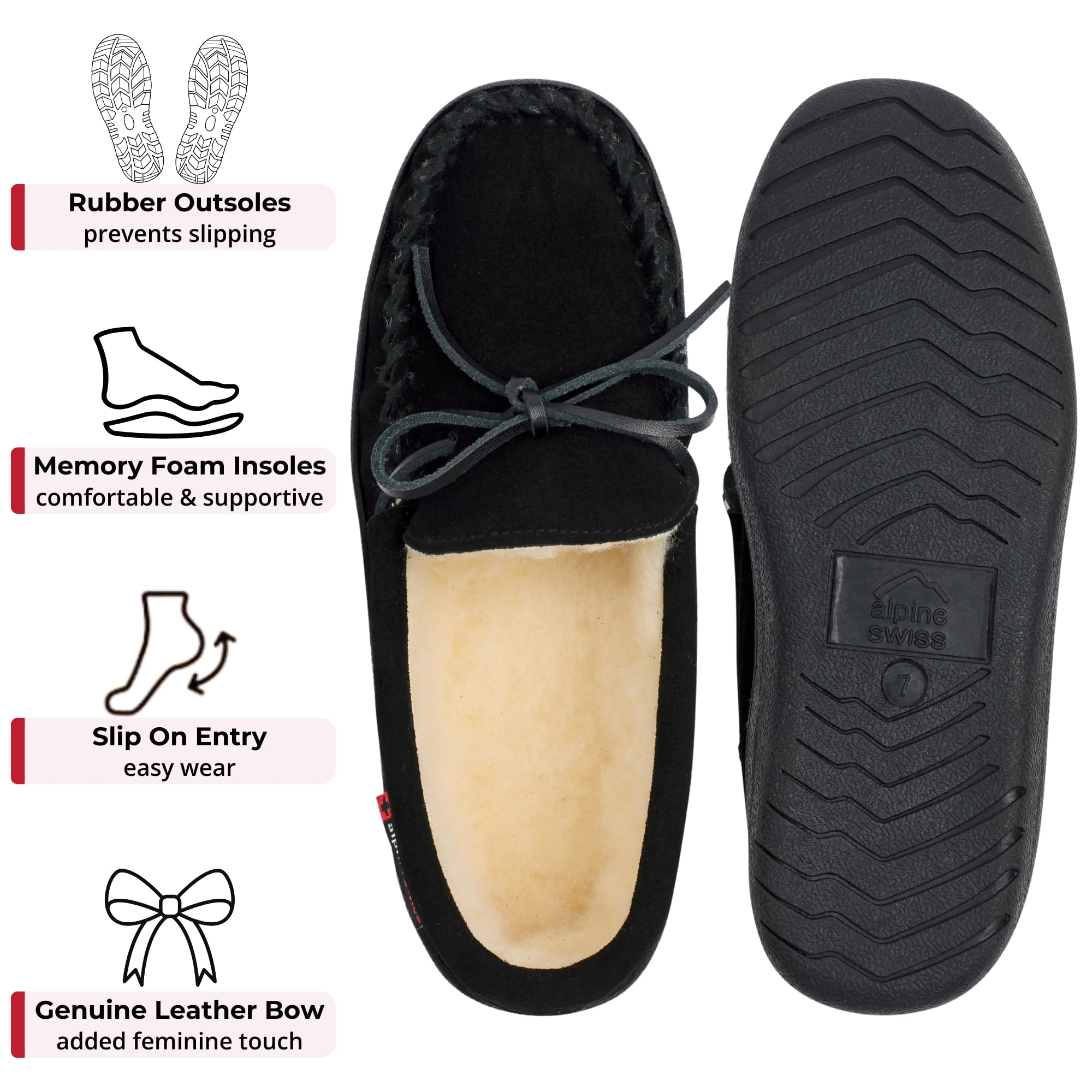 Alpine Swiss Sabine Womens Moccasin Slippers Genuine Suede House Shoe Memory Foam Insole Plush Faux Shearling Fur Indoor Outdoor Anti-Slip Rubber Sole