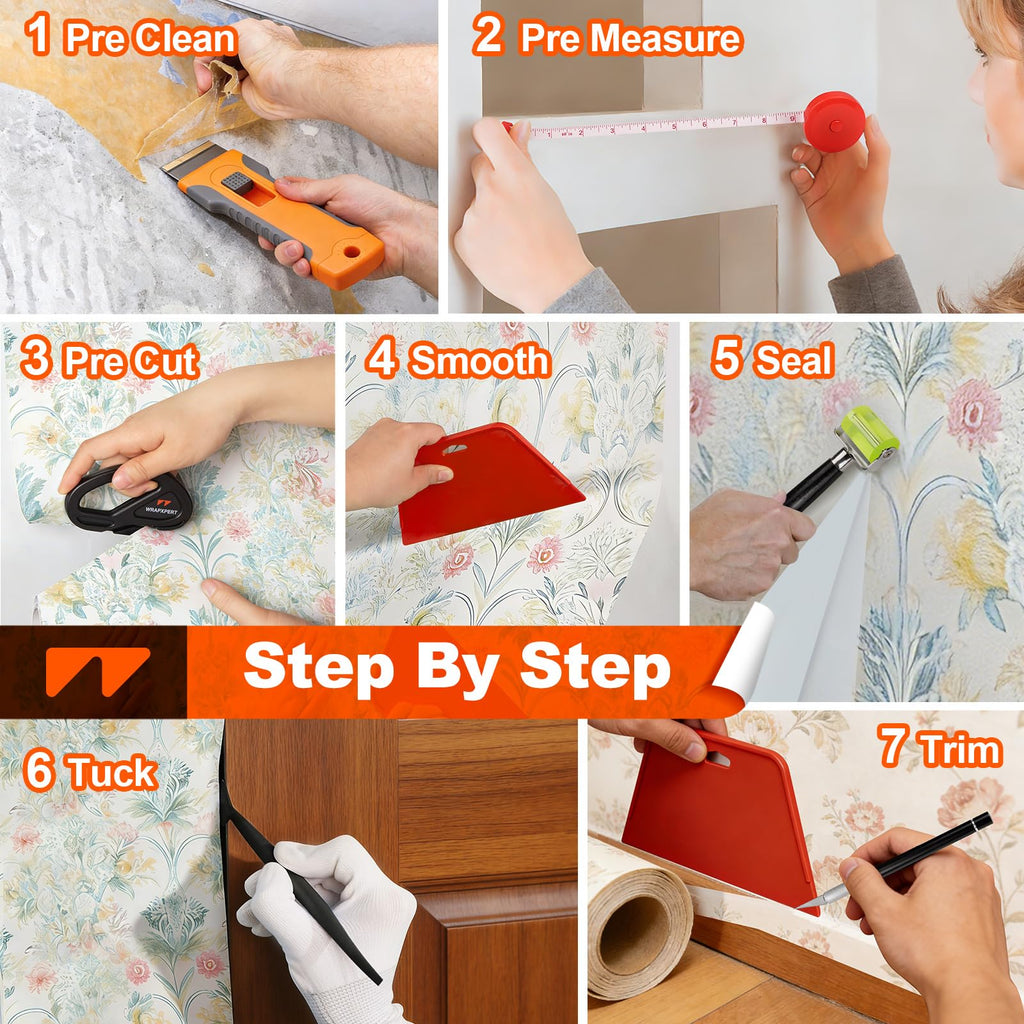 WRAPXPERT Wallpaper Tools, Smoothing Tool Kit for Peel and Stick Wallpaper/Contact Paper/Vinyl Backsplash Applying, with Squeegee Smoother, Seam Roller, Razor Scraper, Knife and Blades