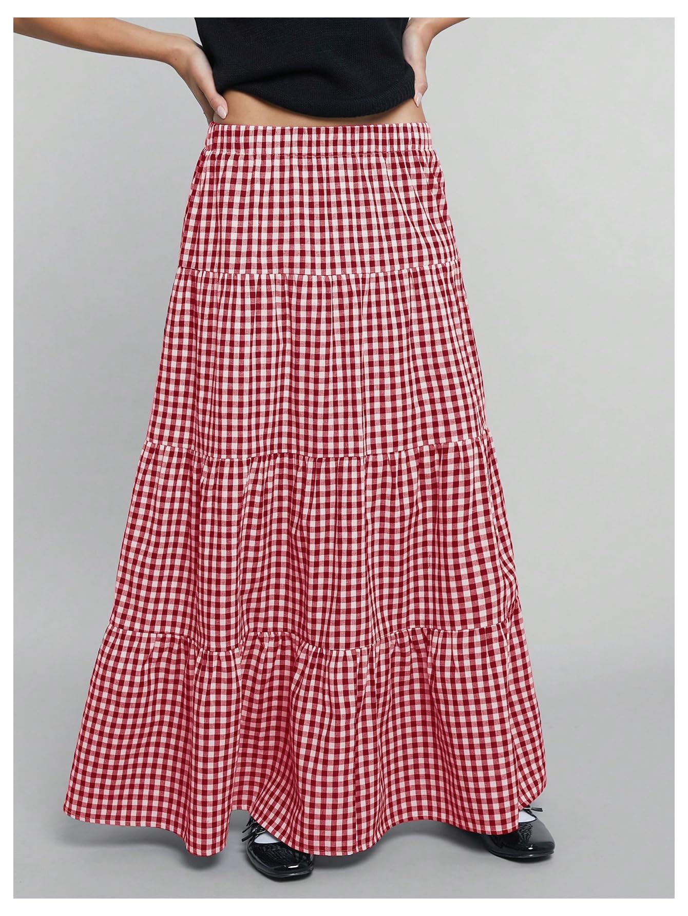 MakeMeChic Women's Plaid Maxi Skirts A Line Ruffle Tiered Layer Y2K Flowy Casual Long Skirts