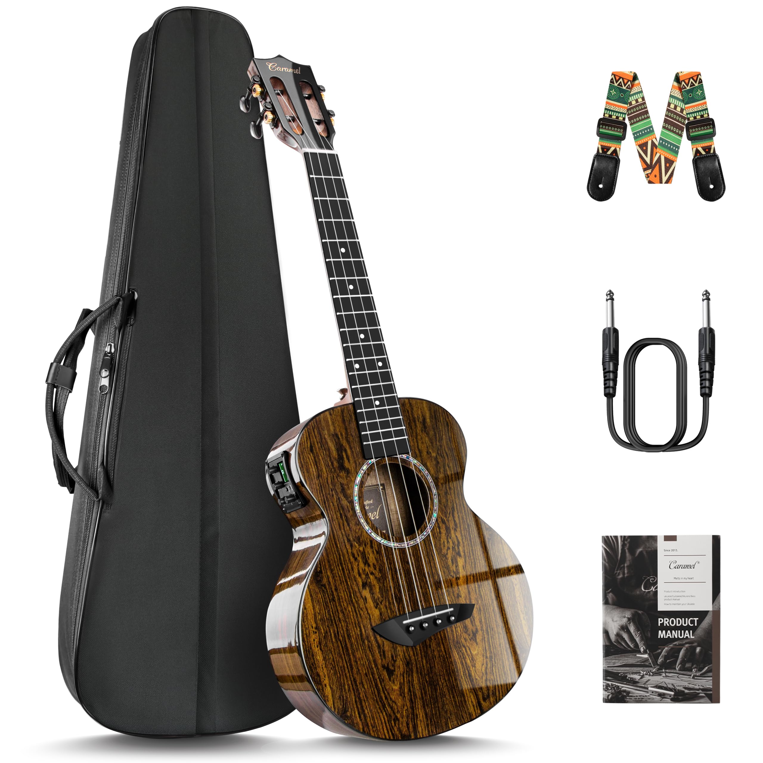 Caramel TEG95 Butterfly Bocote Glossy Tenor Acoustic & Electric Ukulele | 26-inch Handmade Professional Ukelele Kit with Accessories