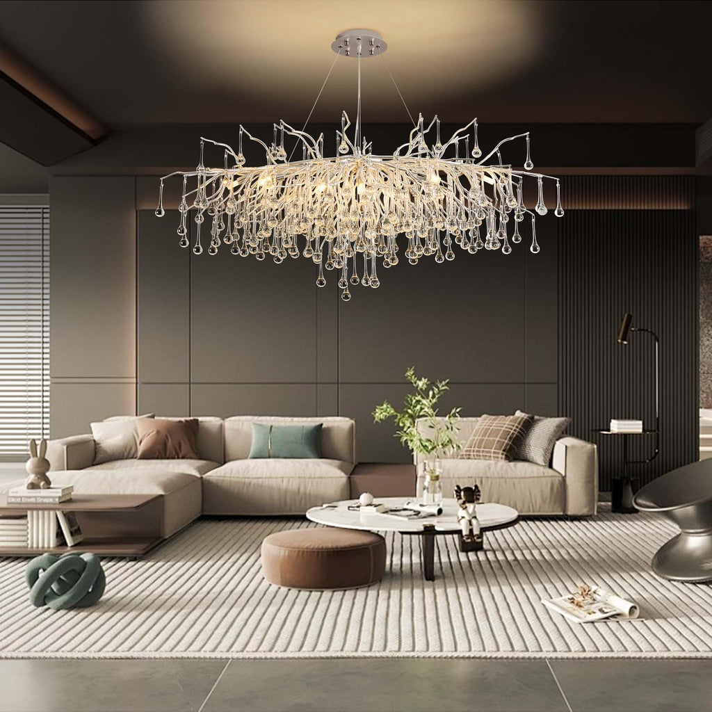 Modern Crystal Raindrop Chandelier, L40'' Black Linear Rectangle Art Deco Tree Branch Lighting Fixture for Kitchen Island Living Room Foyer Staircase 10 Lights