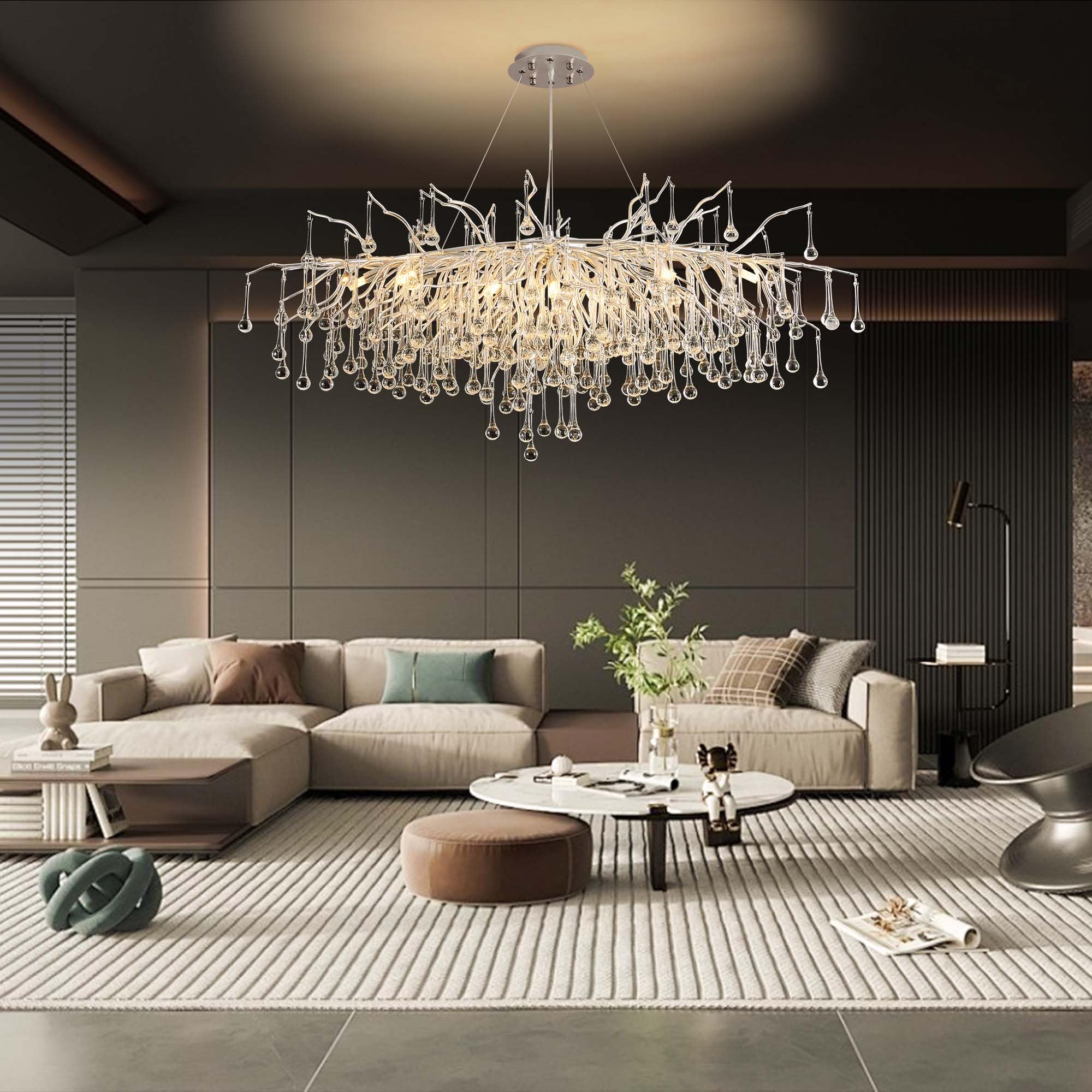 Modern Crystal Raindrop Chandelier, L40'' Black Linear Rectangle Art Deco Tree Branch Lighting Fixture for Kitchen Island Living Room Foyer Staircase 10 Lights