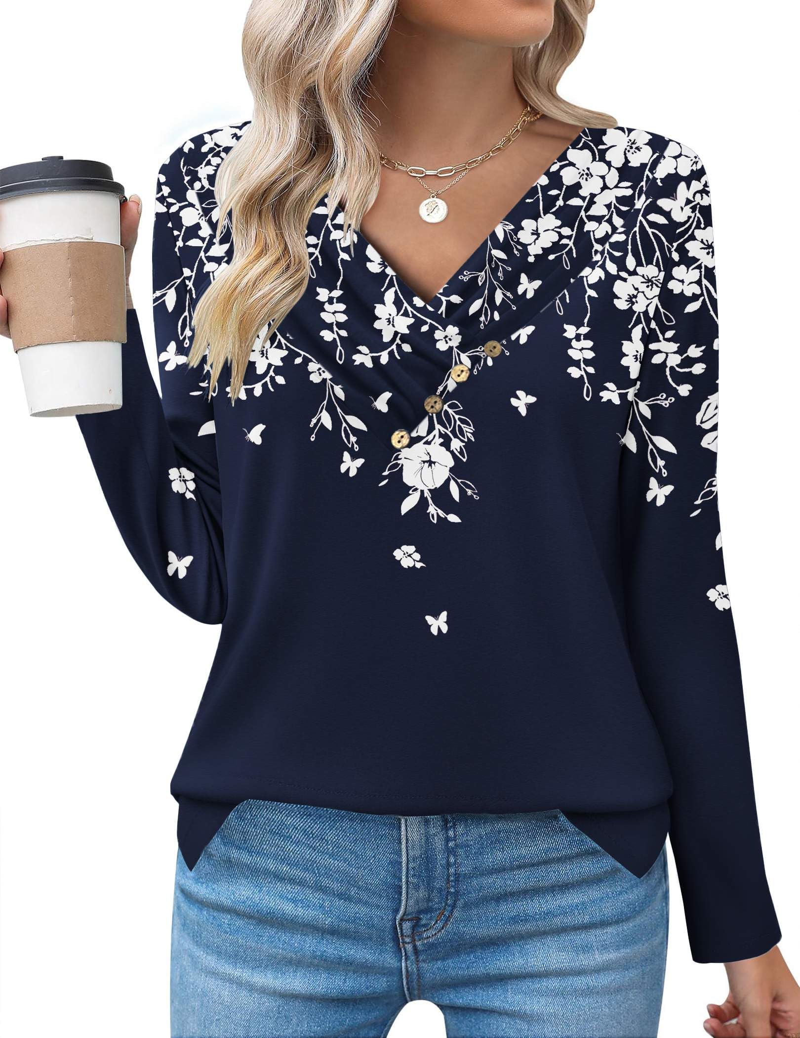 Zeagoo Women's Casual Tunic Tops Long Sleeve Shirts for Leggings V Neck Button Fall Pullover Blouse Loose Sweatshirts