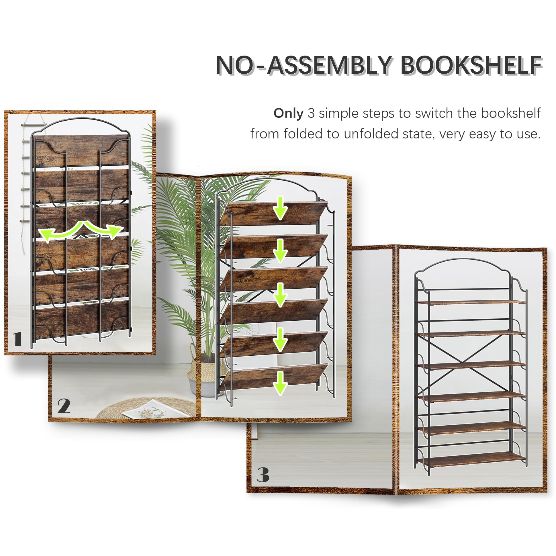 4NM No Assembly Folding Bookshelf, 3 Tiers Collapsible Book Shelves Open Industrial Foldable Storage Bookcase Shelf for Bedroom, Living Room, Home Office - Natural and White