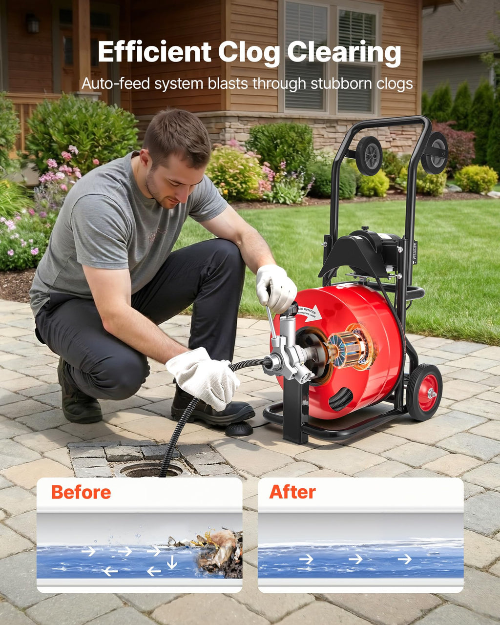 VEVOR 50FT x 1/2Inch Sewer Snake Machine, Drain Cleaning Machine on 4 Wheels, Electri Drain Auger with 4 Cutters & Foot Switch for 1''- 4'' Pipes