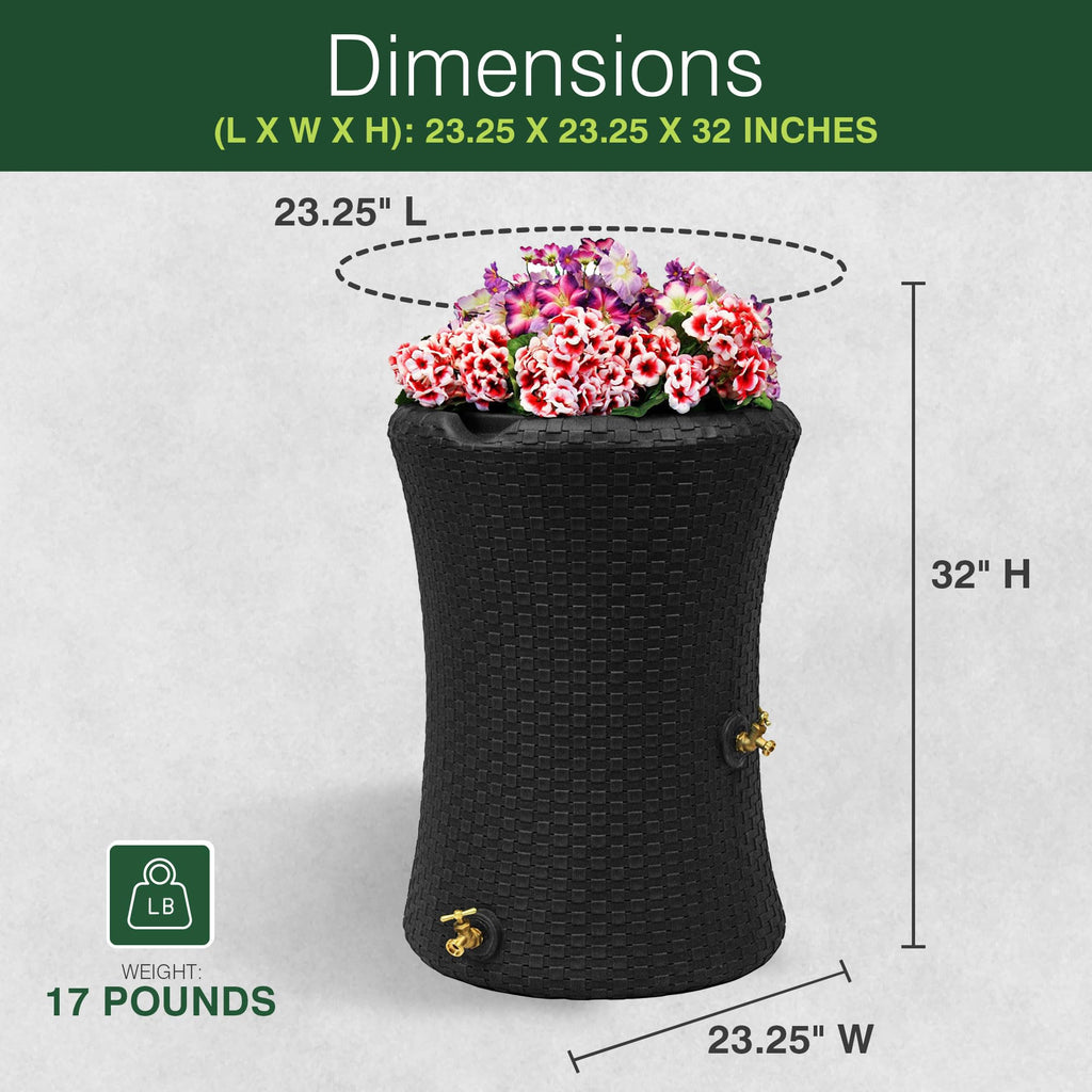 Good Ideas Impressions 50 Gallon Nantucket Outdoor Home Rain Barrel Water Storage Collector with Garden Planter and Brass Spigot, Black (2 Pack)