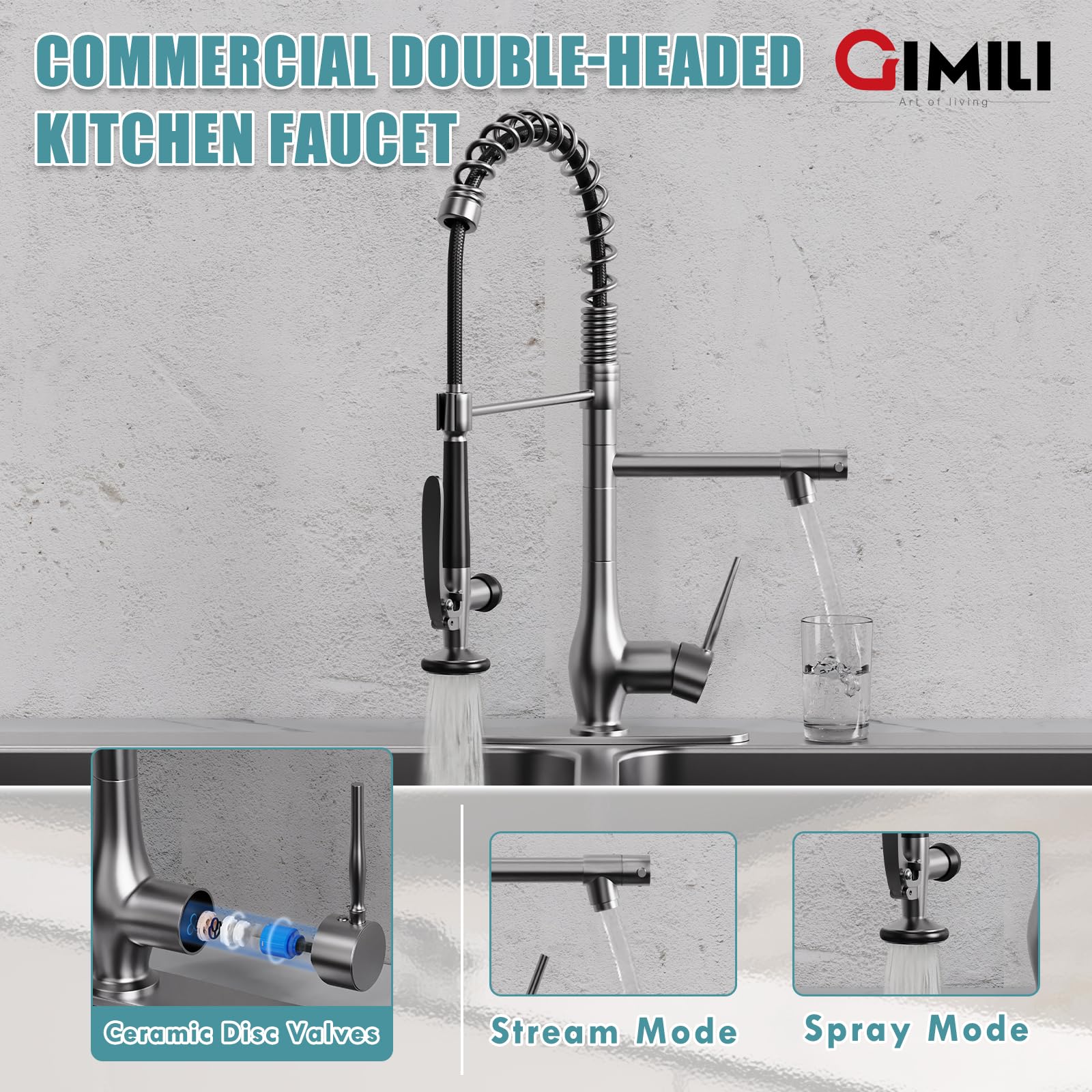 GIMILI Black and Gold Kitchen Faucet with Pull Down Sprayer Single Handle High Pressure Kitchen Sink Faucet Commercial Double-Headed Stainless Steel Kitchen Faucets