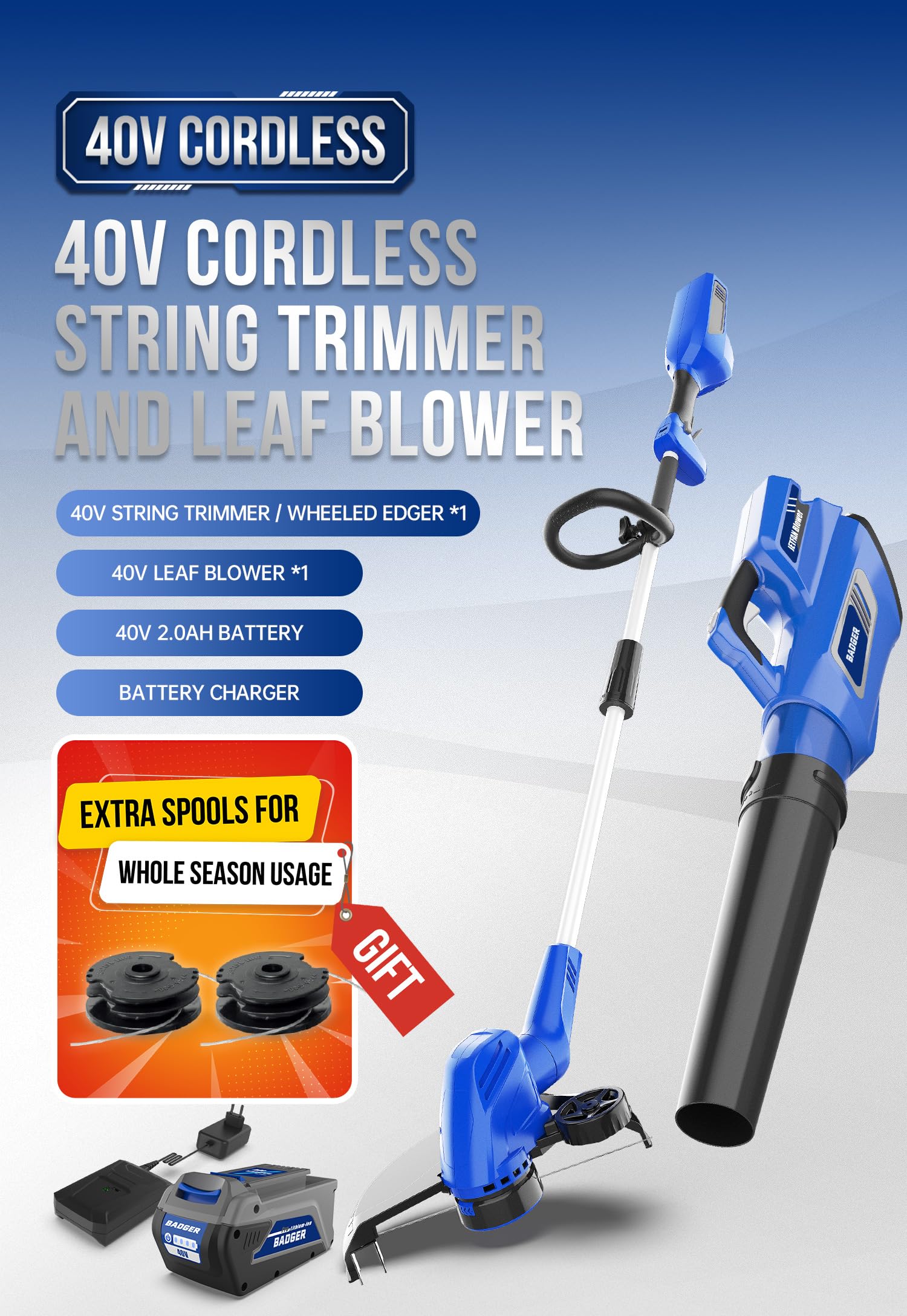 Wild Badger Power 20V Weed Wacker, Leaf Blower, Wheeled Edger Kit Electric with 2 * 2Ah Battery & Charger, String Trimmer, Lightweight, Adjustable Telescopic Shaft, Fast-Charging