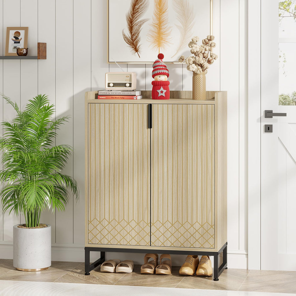 Tribesigns Modern Shoe Cabinet for Entryway, 25 Pairs Shoe Cabinet with Doors, Wood 5-Tier Shoe Organizer, Freestanding Brown Shoe Storage Cabinets with Black Metal Frame for Bedroom Living Room