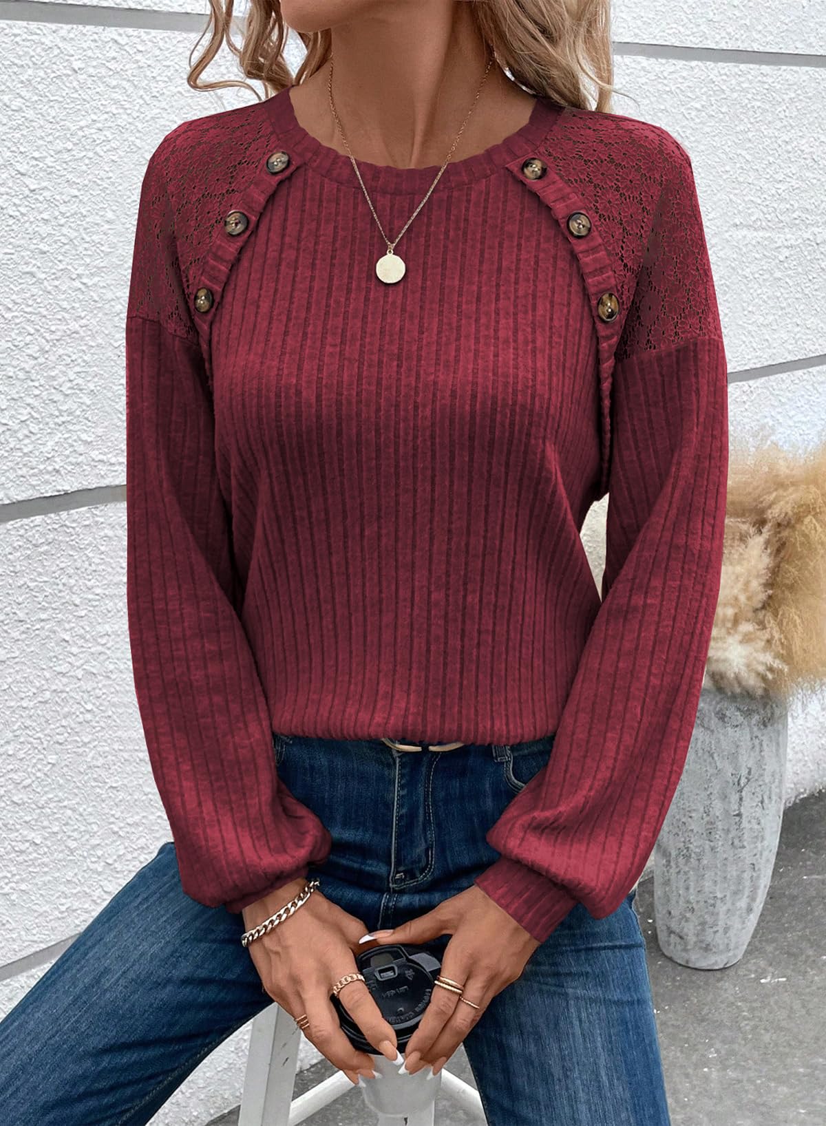 Acelitt Womens Fall Long Sleeve Tunic Tops Casual Crew Neck Dressy Shirt Lace Patchwork Blouses Pullover Sweaters