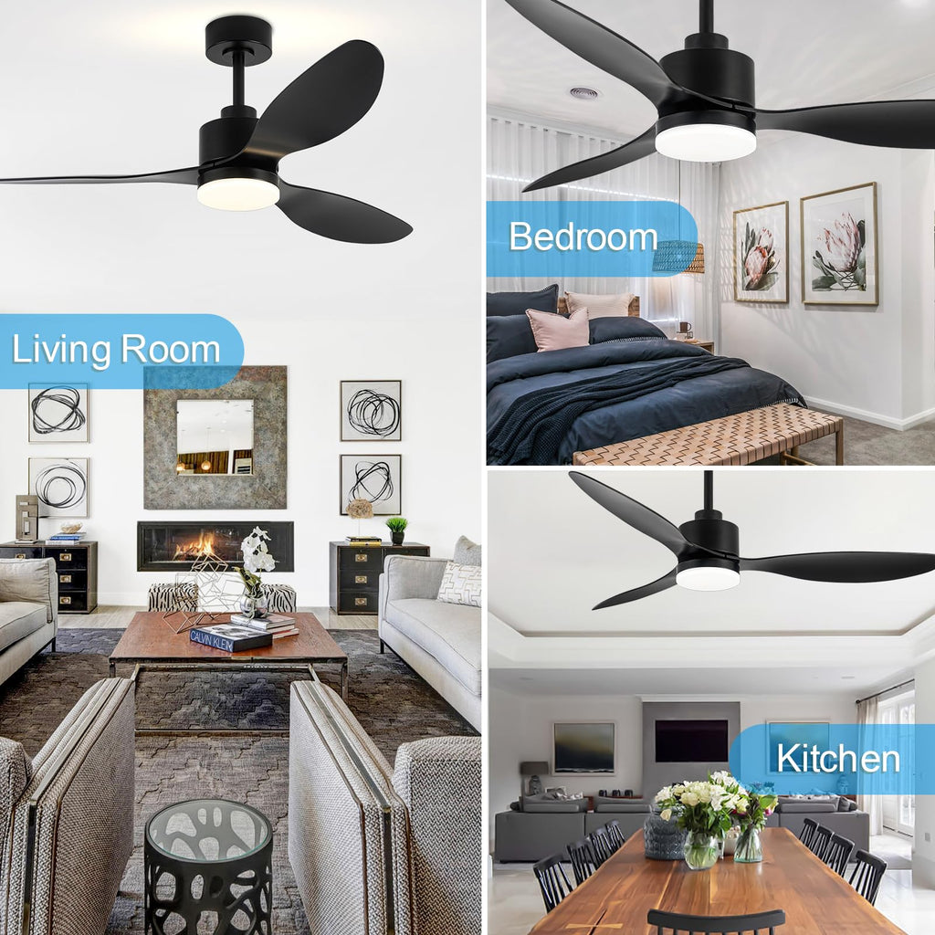 52" Ceiling Fans with Lights and Remote, Quiet DC Motor, 3 Reversible Blades, 6-Speed, Modern Industrial Black Ceiling Fan with 3-Color LED Light Fandelier for Bedroom Living Room