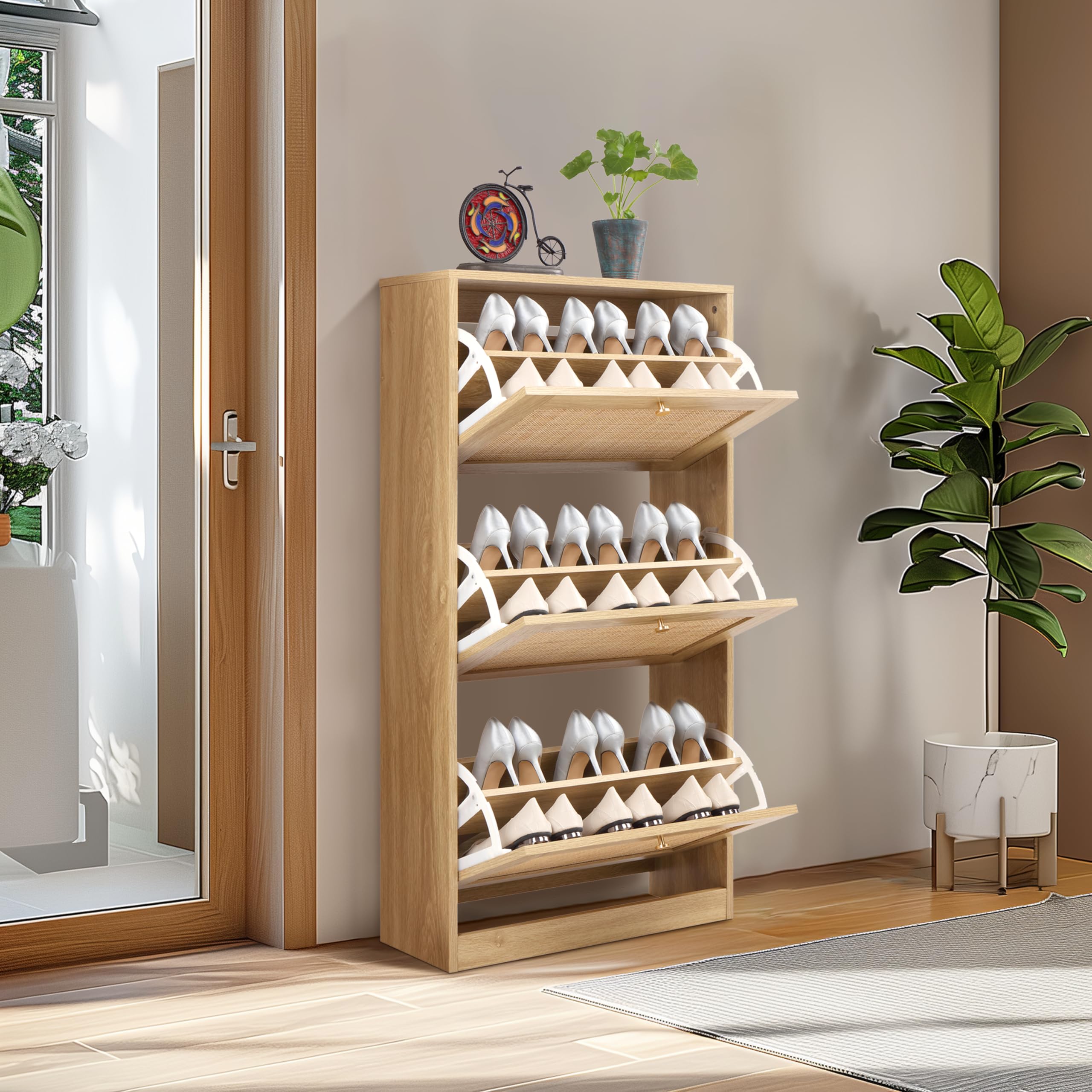 Finnhomy 3 Tier Shoe Cabinet with Natural Rattan Flip Drawers for Entryway, Free Standing Slim Shoe Storage Organizer with Large Top Board, Shoe Cabinet with Adjustable Width Drawers, Black