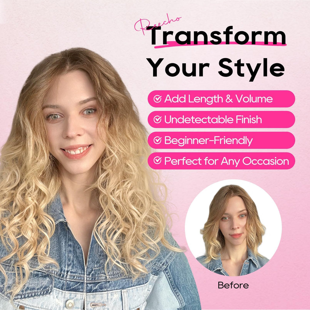 REECHO Curly Hair Extensions, 4PCS 16 inch Clip in Hair Extensions Lace Weft Short Curly Hair Extensions Clip Ins Invisible Natural Hairpieces for Women, Ash Blonde with Highlights