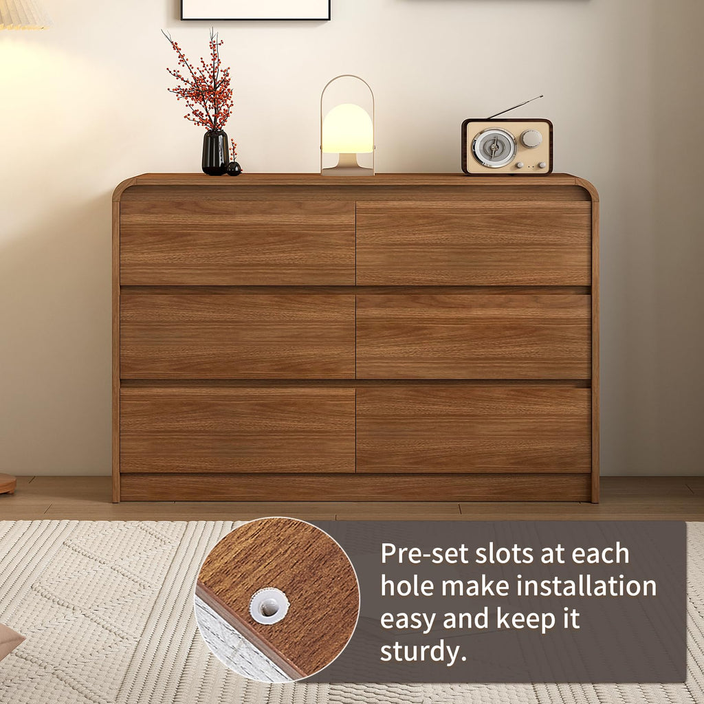 Messenya Modern 6 Drawer Dresser, 47-Inch Wood Chest of Drawers, Curved Anti-Collision Design, Mid-Century Storage Cabinet, Pre-Embedded Slots, for Bedroom, Living Room, TV Stand, Nursery