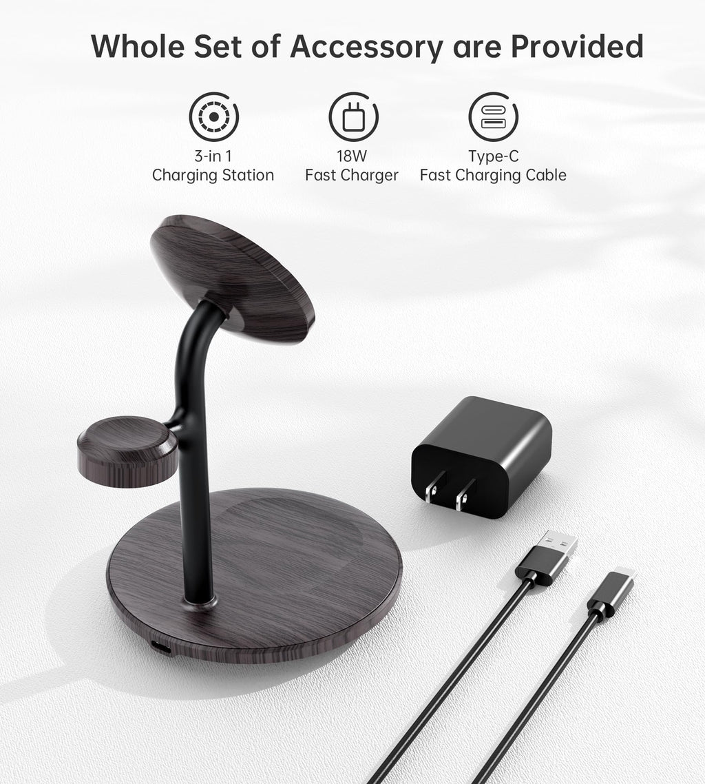XooFly 3 in 1 Wireless Charging Station for Apple Devices, Fast Wireless Mag-Safe Charger Stand with 20W Adapter for iPhone 17/16 15 14 13 12 Pro Max/Pro/Plus/Air/Mini, iWatch, AirPods (Black)