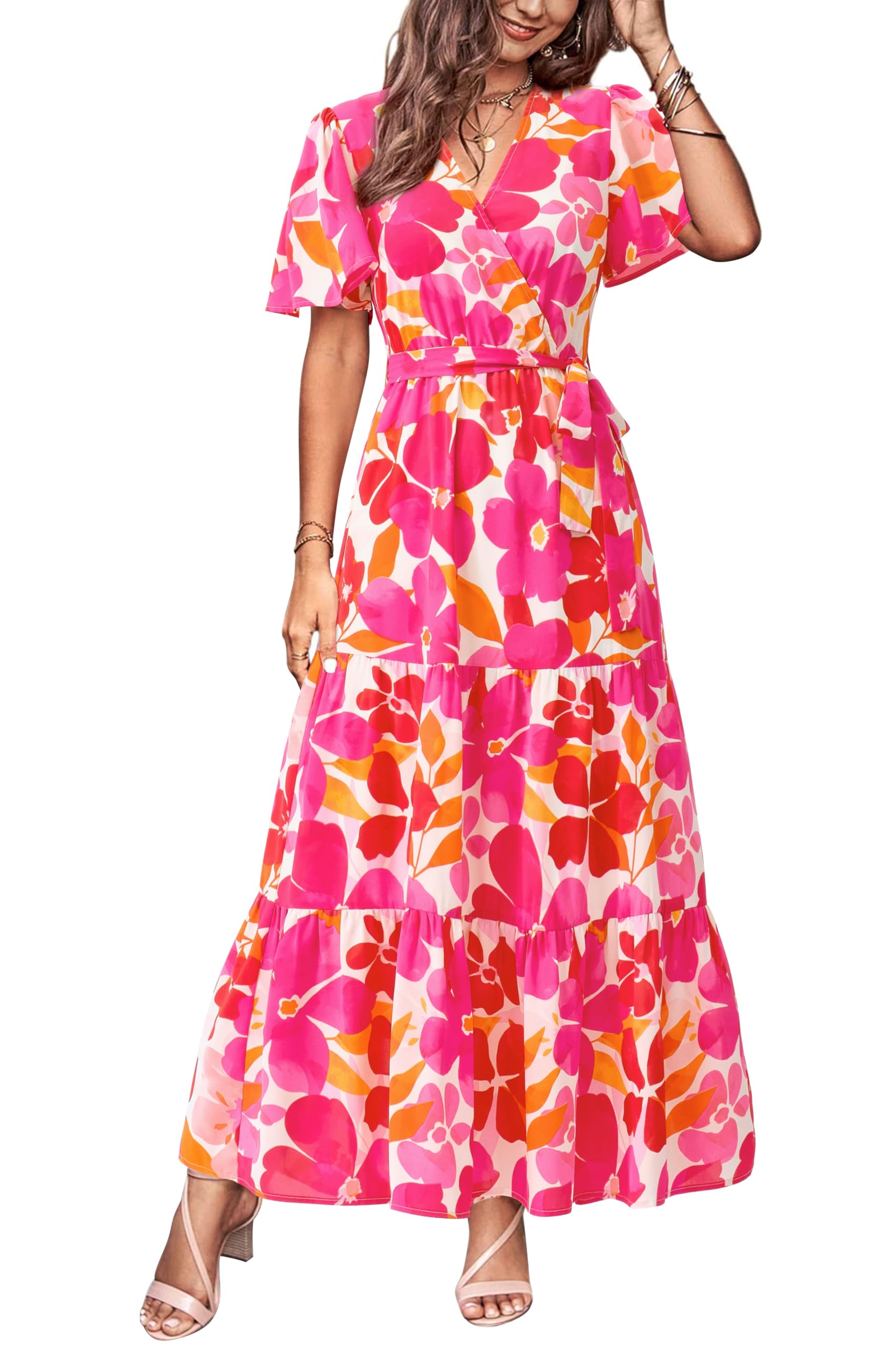 MASCOMODA Womens Summer Swiss Dot Maxi Dresses Wrap V Neck Flutter Short Sleeve Boho Casual Flowy Long Wedding Guest Dress