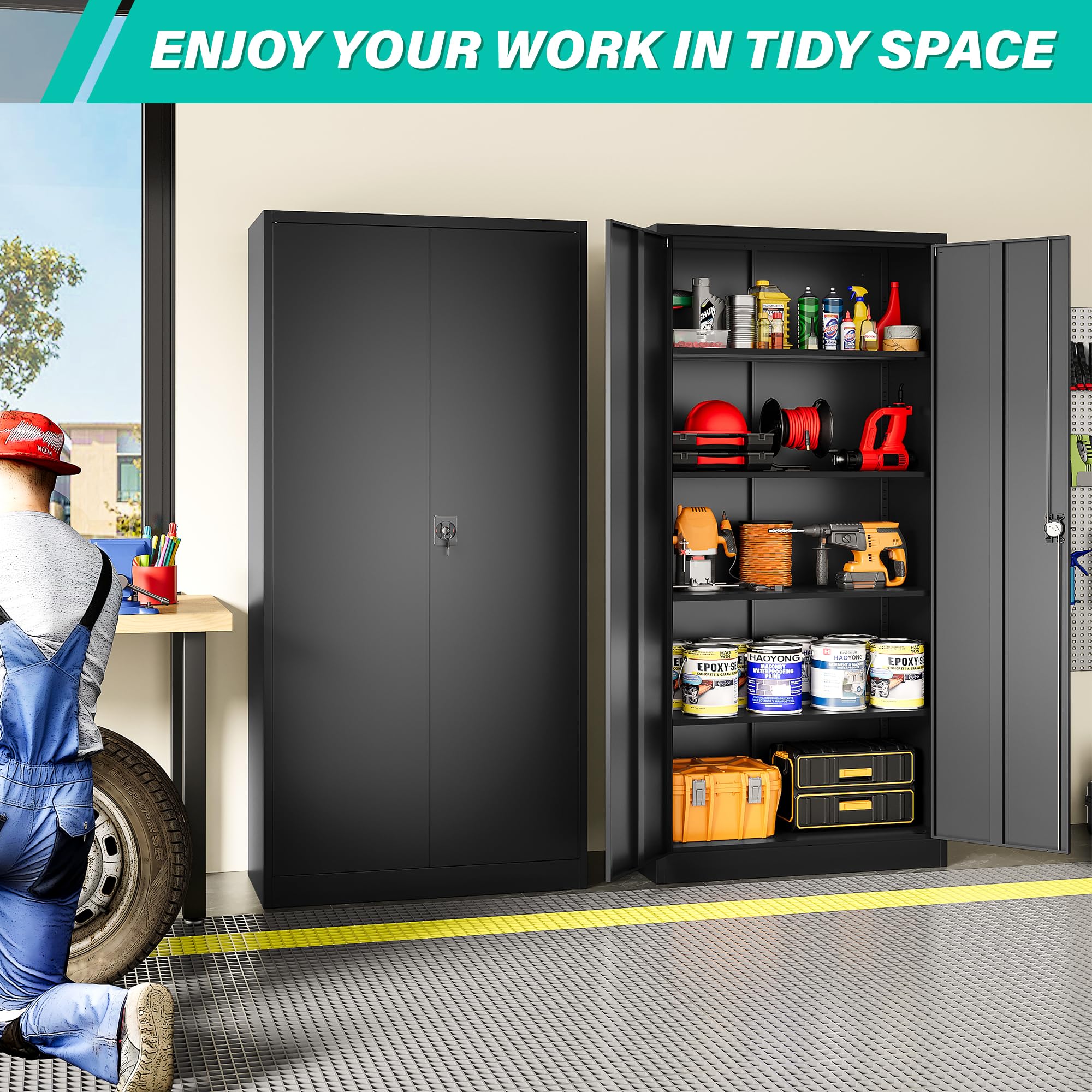 SISESOL Wide & Deep Metal Storage Cabinet with Wheels,Tall Rolling Garage Storage Cabinet with Lock,Black Metal Cabinets with Pegboards and Shelves,Tool Locker for Garage,Home,Office,43''Wx 20''Dx71"H