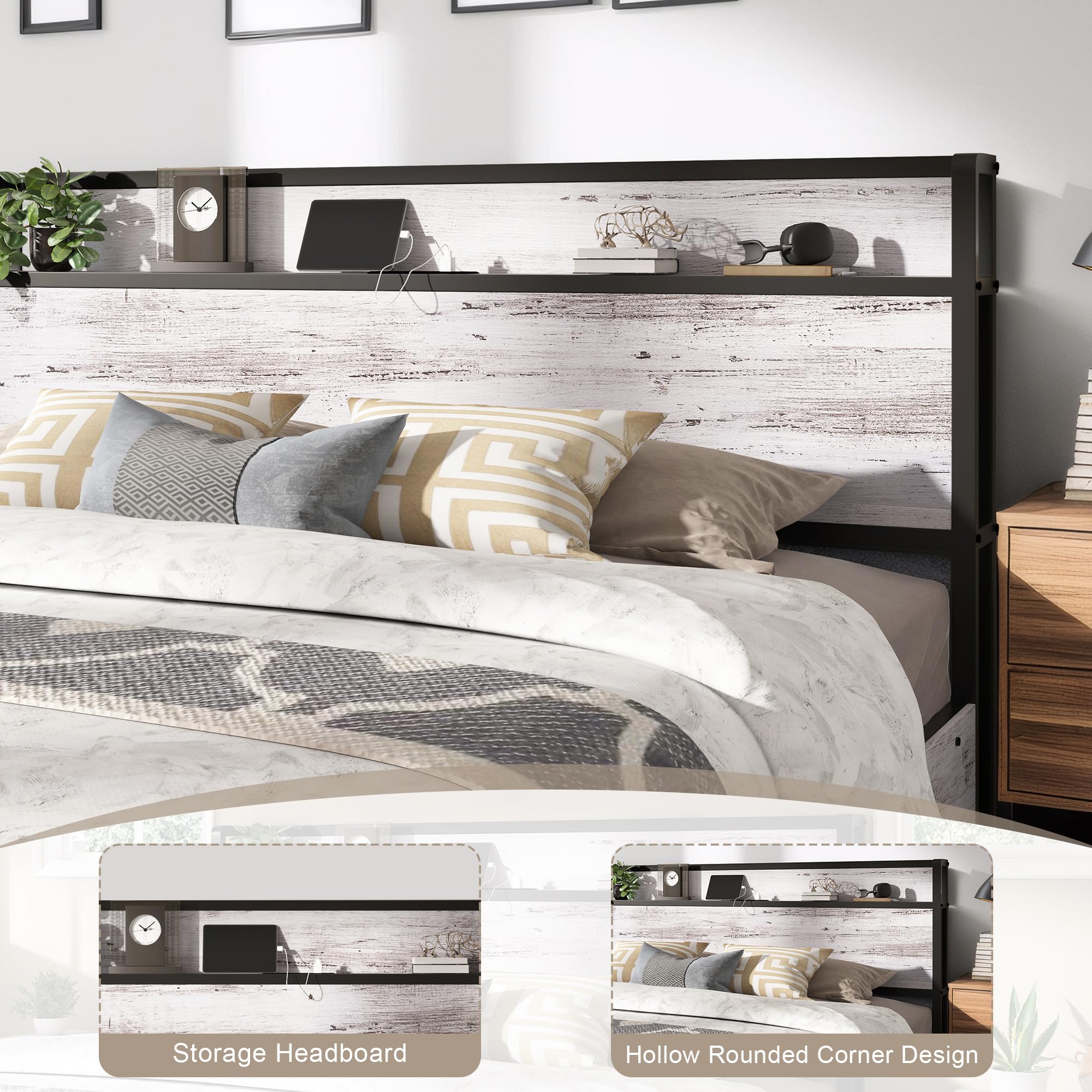 LUXOAK Full Size Lift Up Storage Bed, Wood Platform Bed Frame with Storage Headboard & Charging Station, No Box Spring Needed, Easy Assembly, Black