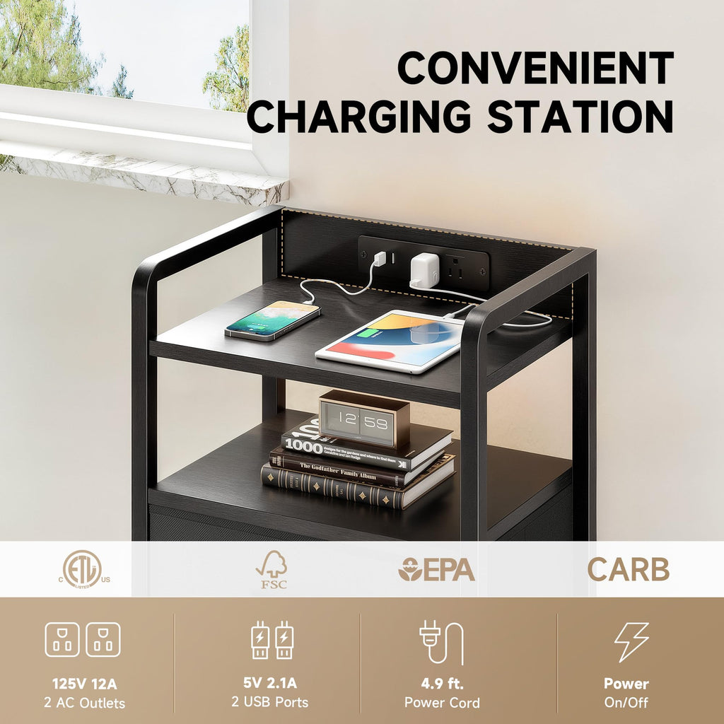 Lazzanto Night Stand Bedside Charger Bedroom - Nightstand with Charging Station & LED Light Strip, Night Stand with Storage Shelf & 2 Fabric Drawers, Morden End Table with U-S-B Ports & AC Outlets