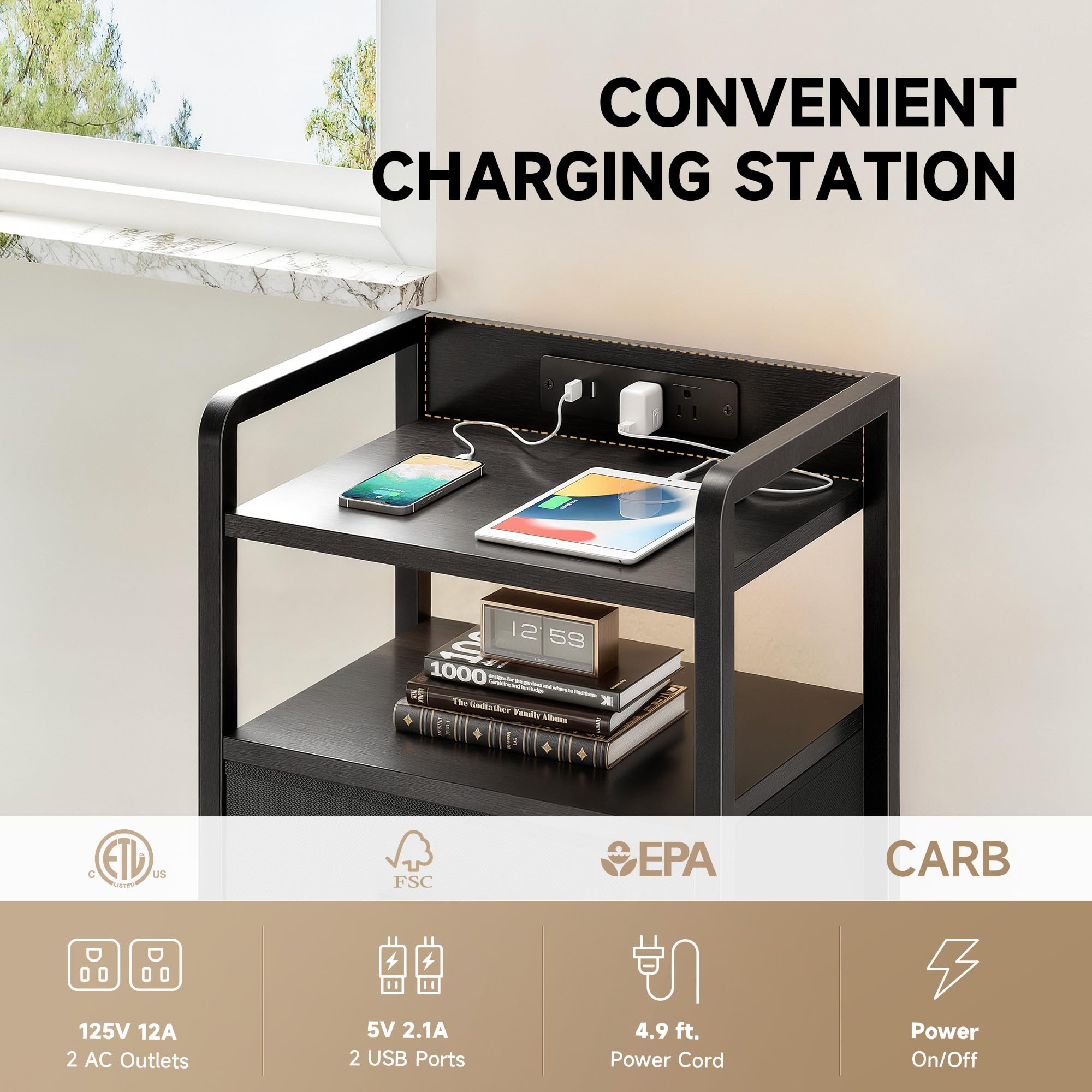 Lazzanto Night Stand Bedside Charger Bedroom - Nightstand with Charging Station & LED Light Strip, Night Stand with Storage Shelf & 2 Fabric Drawers, Morden End Table with U-S-B Ports & AC Outlets