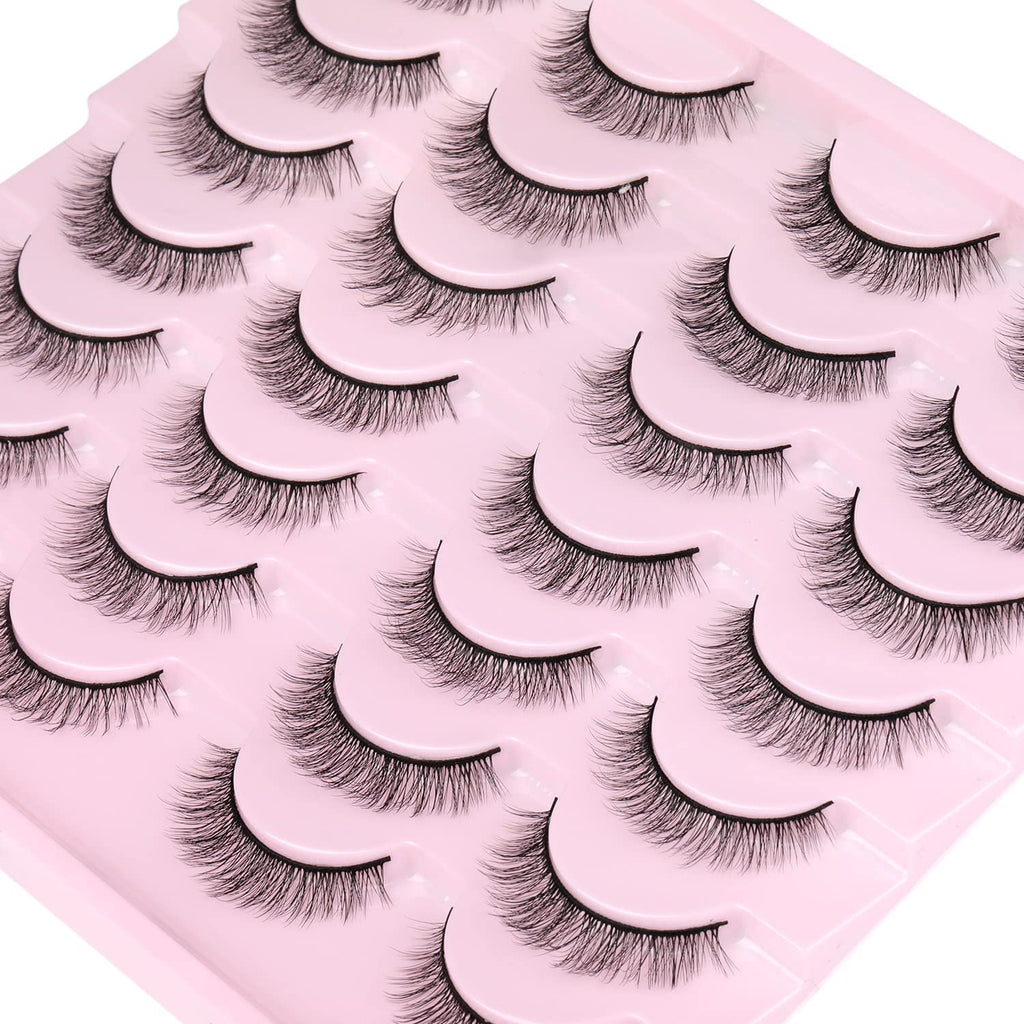 False Lashes Natural Look Wispy Eyelashes Manga Korean Spiky 16mm Short Faux Mink Eyelashes Cat Eye Natural Fake Eyelashes Strip Lashes Pack 14 Pairs