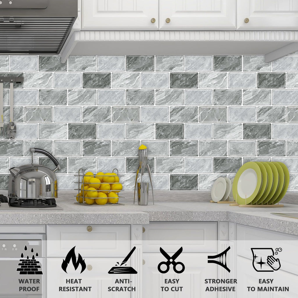 URCOLOR 10-Sheet Back Splashes for Kitchens Peel and Stick,12"x12" Self Adhesive Subway Wall Tiles Stick on backsplash Tiles for Bathroom Black Marble