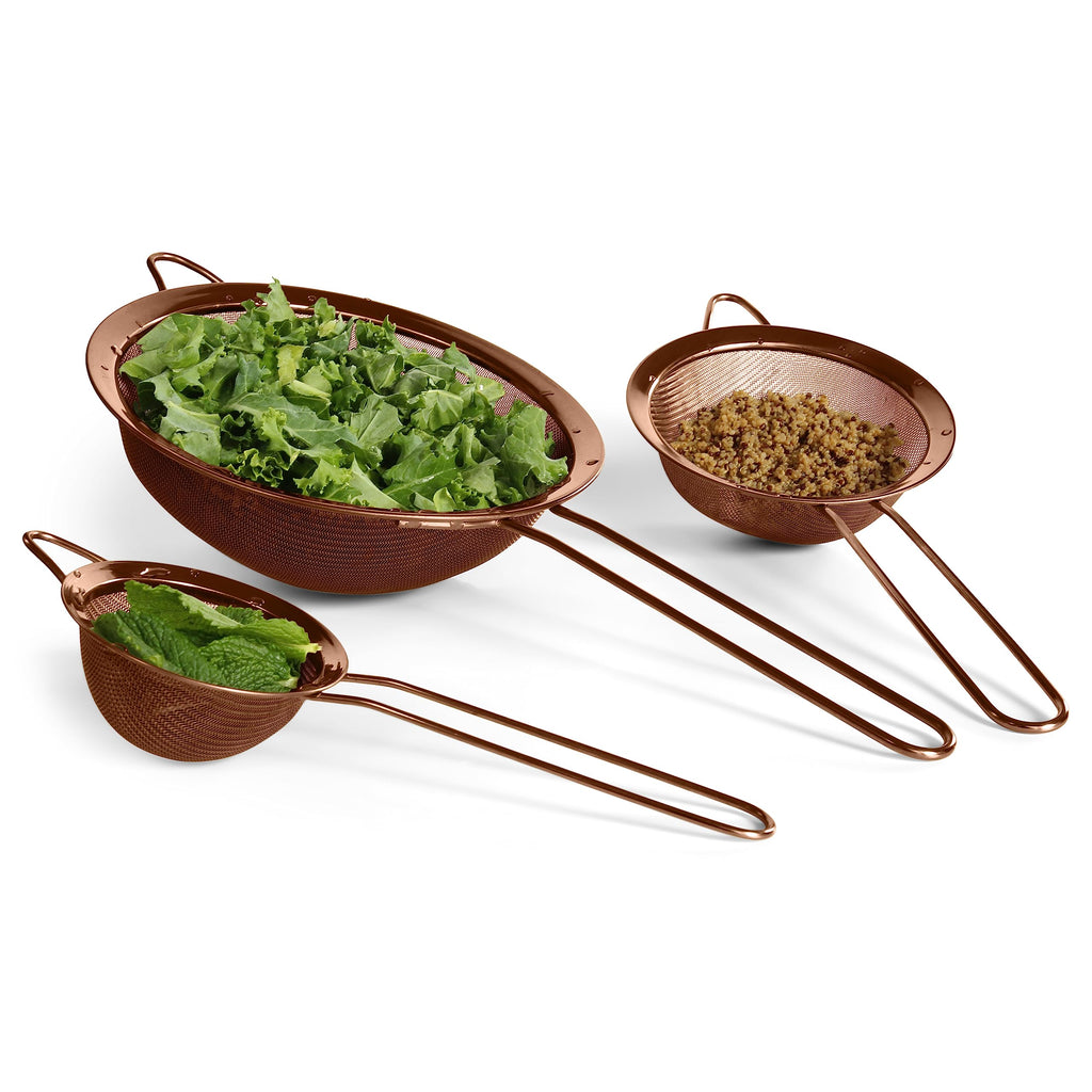 Strainer Set Fine Mesh – Premium 304 Stainless Steel (18/8) – 8″, 5.5″ and 3.3″ Sturdy Kitchen Strainers (Copper)