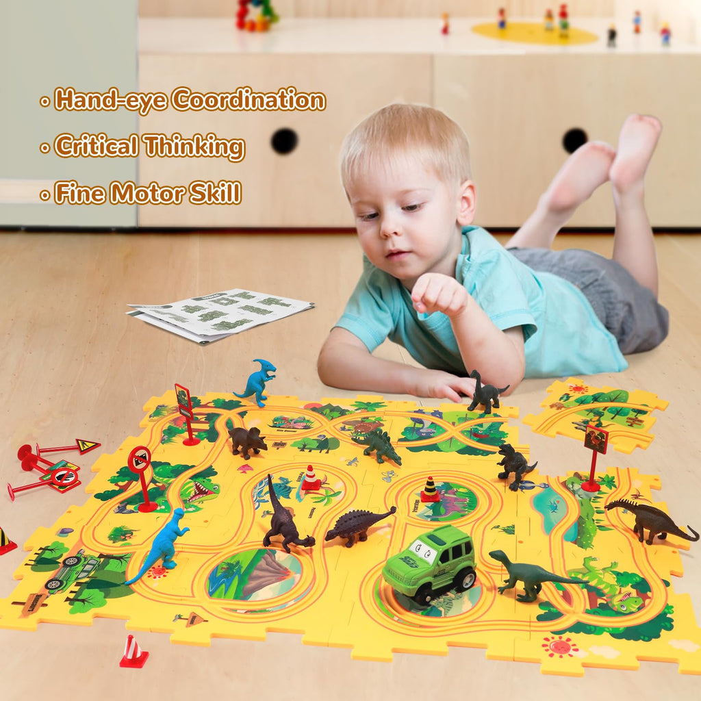 Puzzle Track Car Play Set with 12 Dinosaur Figures, Plastic Railcar Floor Puzzles for Kids Ages 3-5 with Vehicles, Toys Gifts for 3 4 5 6 Year Old Boys