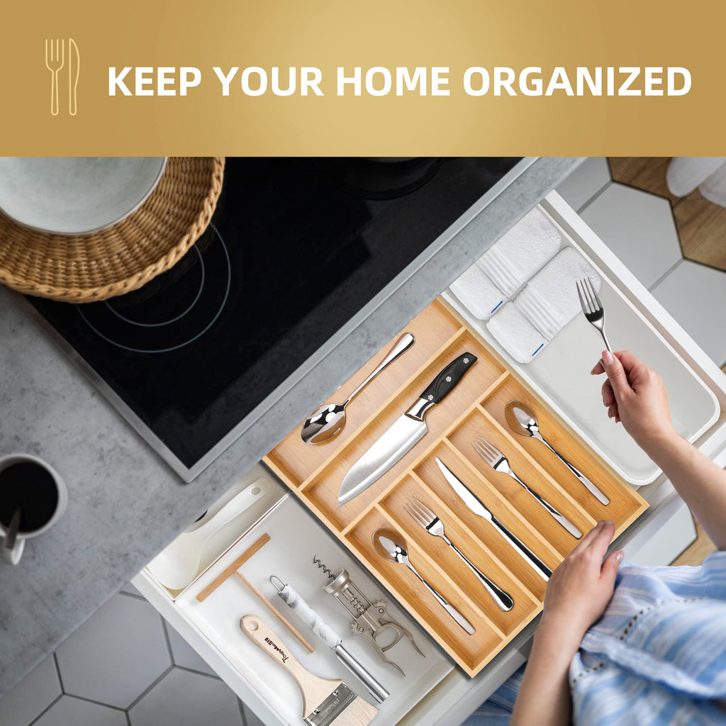 Acacia 4 Slot Silverware Drawer Organizer - Cutlery Holder with Flatware Tray