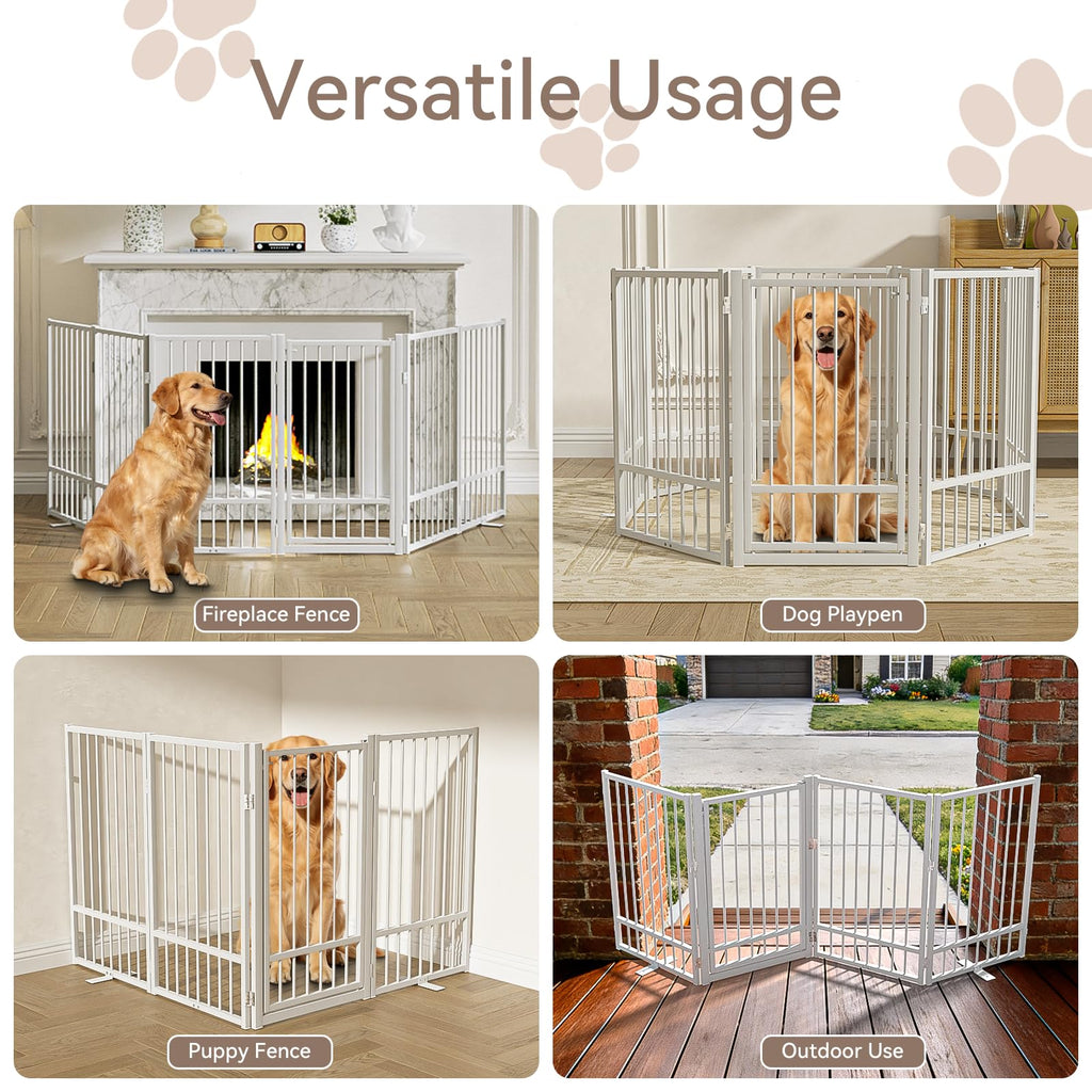 SNUOWU Full Metal Freestanding Dog Gate with Door, 24'' Height Foldable Pet Dog Fence for Indoor & Outdoor, 2 Panels Extra Wide Free Standing SmallDog Gates for Doorways,House,Stairs,Porch,Deck,Yard
