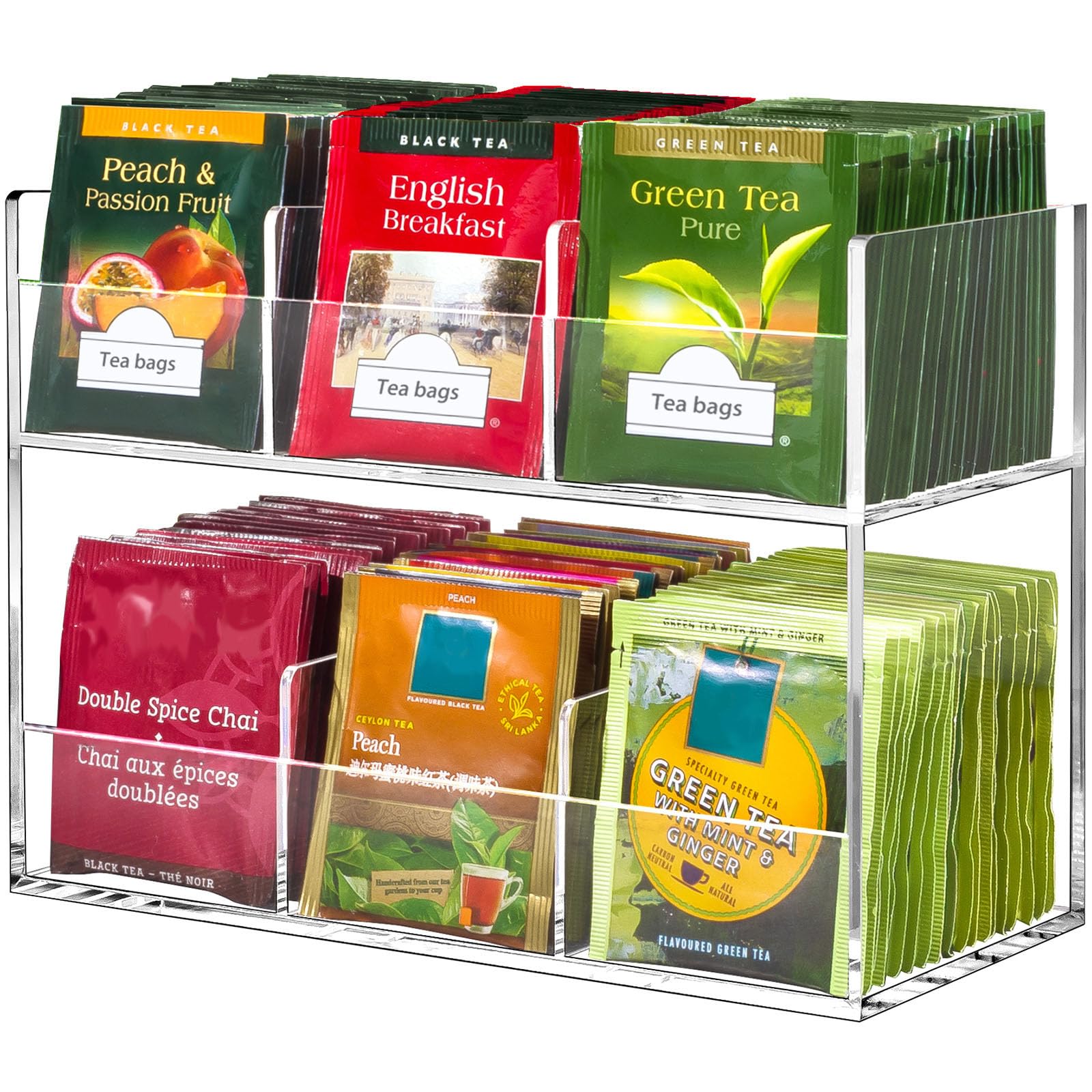 BEYGORM Acrylic Tea Bag Organizer for 216 Tea Packets, No Assembly Required, Display Holder for Countertop, Vertical Tea Bag Caddy for Cabinet, Tea bar Accessories, Teabags Storage Containers