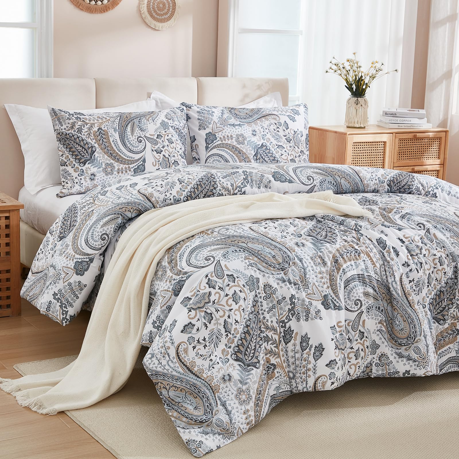 100% Natural Cotton Comforter Set Queen 3 Pcs Grayish Blue Bedding Sets with Luxurious Damask Pattern, Reversible Breathable Soft Comforter Sets for All Season
