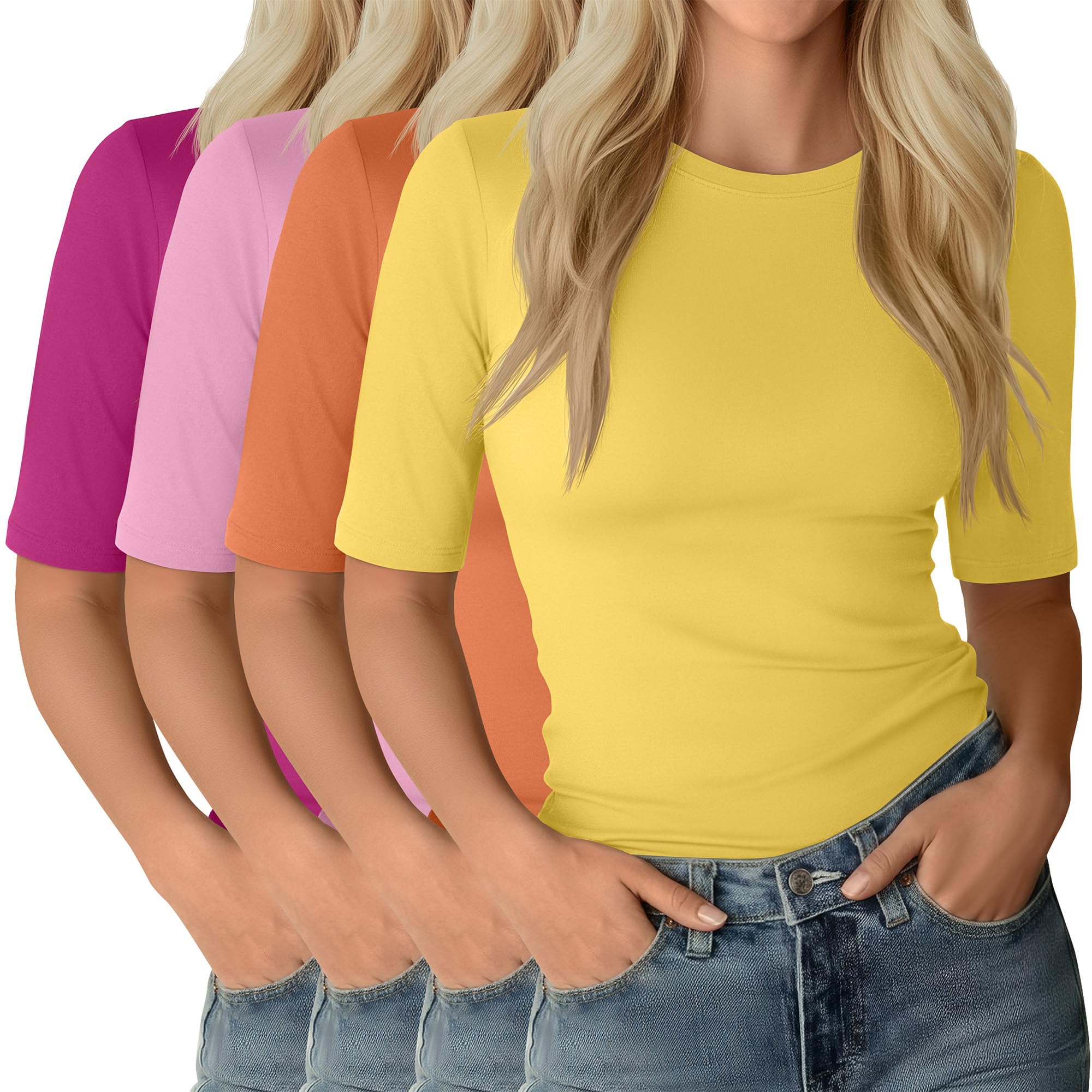 Neer 4 Pack Women's Half Sleeve Tops Elbow Length Slim Fit Crewneck T-Shirts 1/2 Sleeve Casual Summer Basic Tees