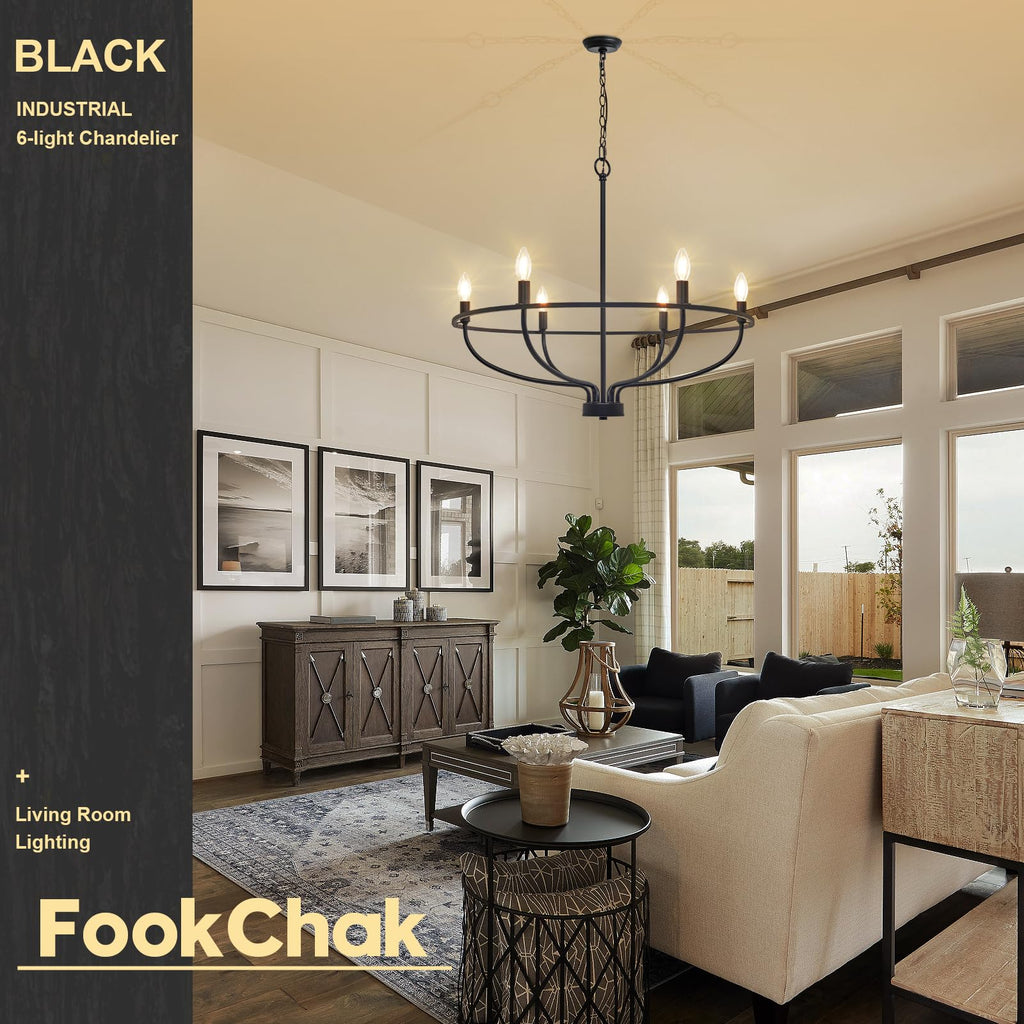 Black Chandelier 6-Light Dining Room Chandelier Kitchen Chandeliers Over Table Round Living Room Chandelier Light Fixture for Bedroom, Kitchen, Foyer