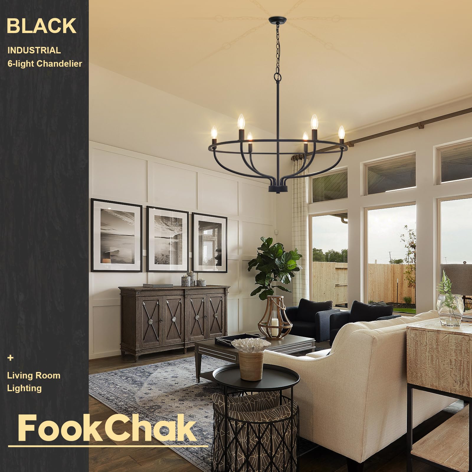 Black Chandelier 6-Light Dining Room Chandelier Kitchen Chandeliers Over Table Round Living Room Chandelier Light Fixture for Bedroom, Kitchen, Foyer