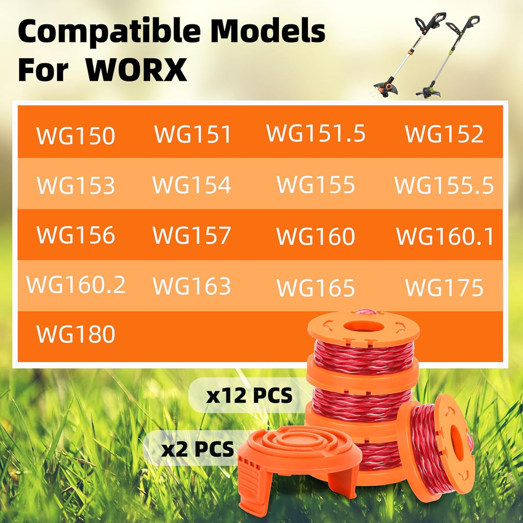 Xgunion Trimmer Spool Line for Worx 14 Pack WA0010 Edger Spools Replacement for Worx Weed Eater String Trimmer Line Refills 0.065 inch Suitable for Worx String Trimmers(12 Line Spools,2 Cap)