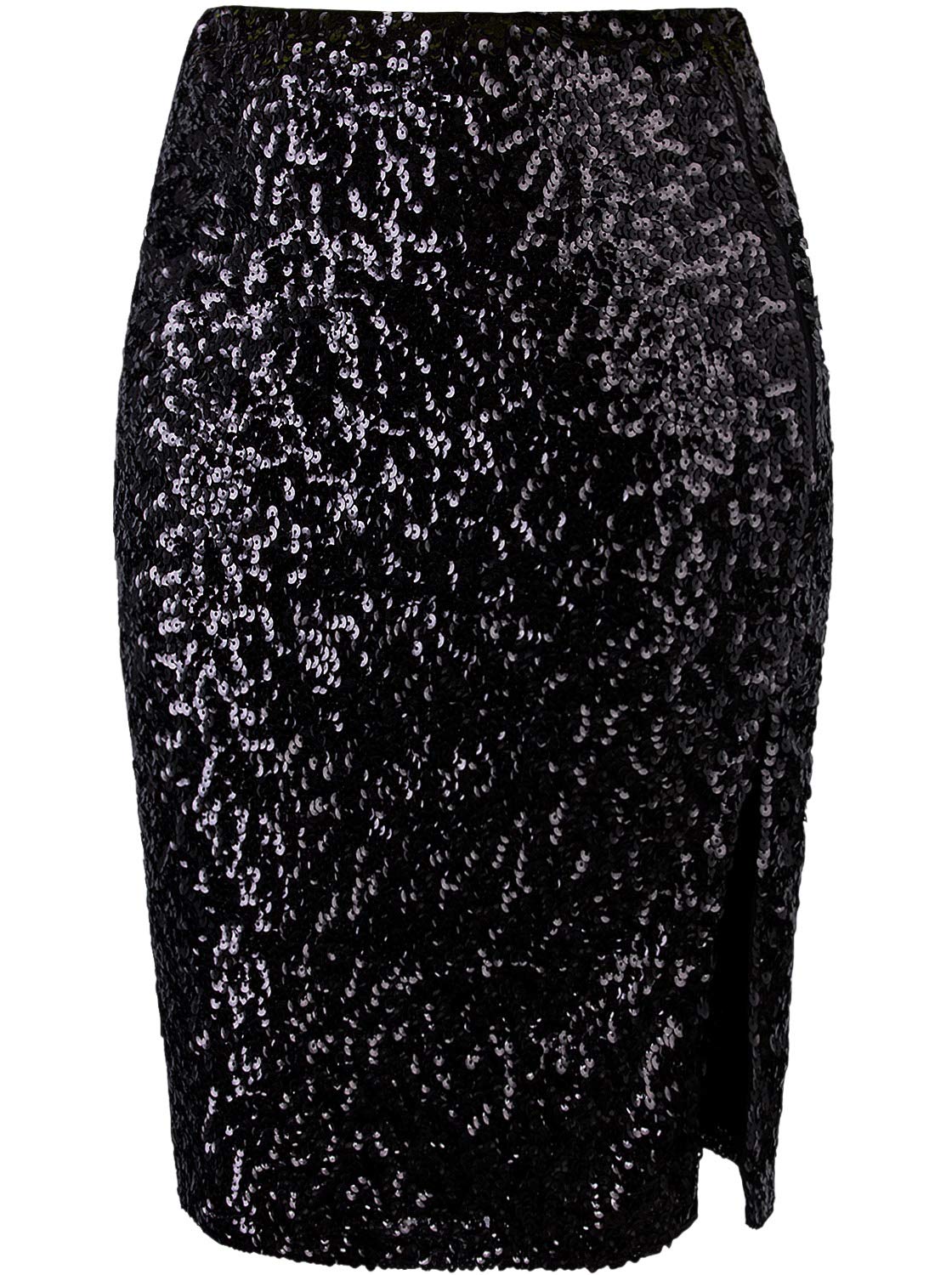 Vijiv Women's Sequin Skirt Midi High Waist Elegant Stretchy Sparkle Side Slit Pencil Skirt Party Cocktail