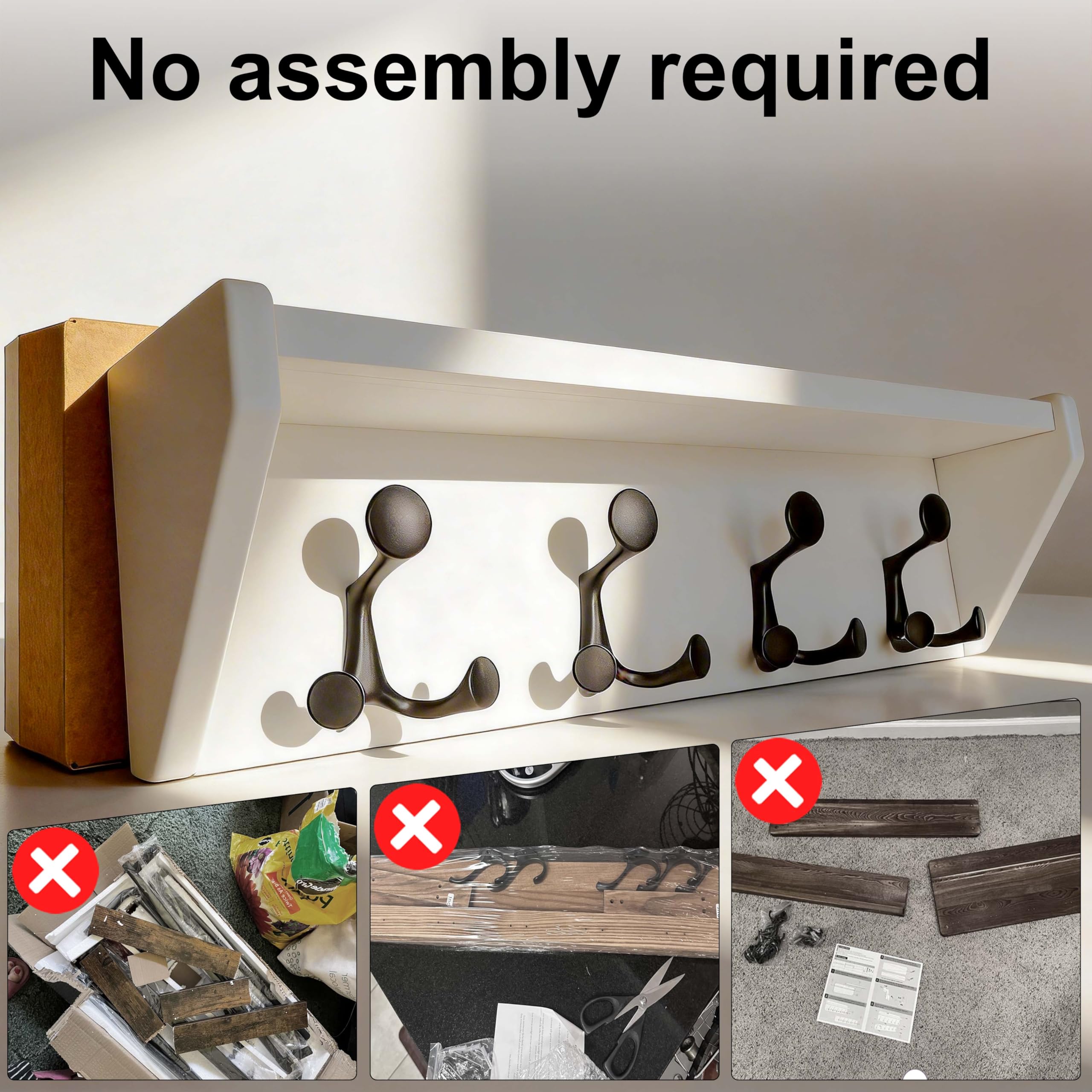 SKOLOO Wall Shelf with Hooks, 24-Inch Cherry Coat Rack Wall Mount with Shelf Organizer - Heavy Duty, 4 Tri Hooks - Perfect for Entryway, Hallway, Living Room, Bedroom, Mudroom