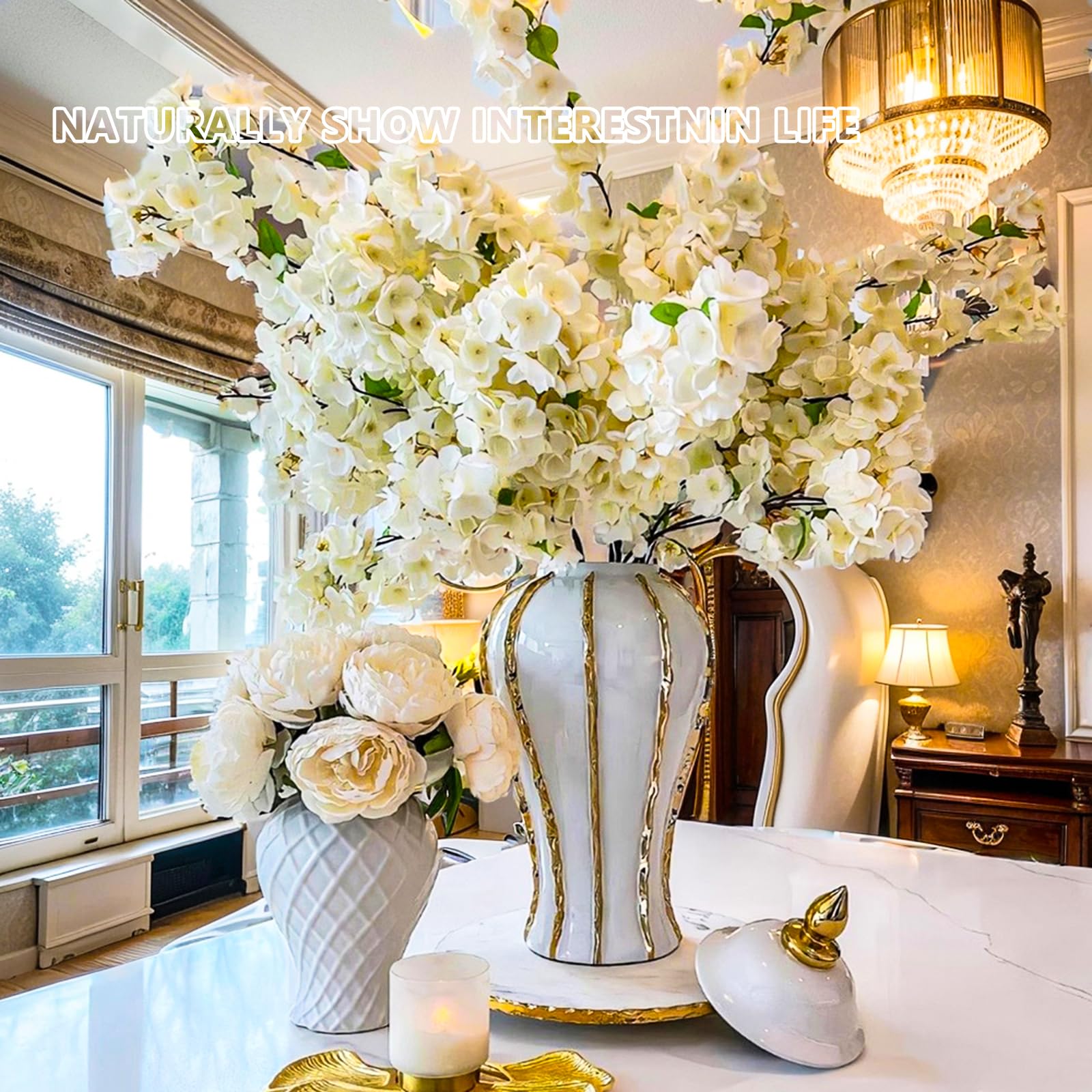 Ginger Jar, White Gold Ceramic Vase Large Handmade Porcelain Vases with Lid, White Gold Decorative Flower Vase for Home, Living Room, Weddings, Centerpieces (18in with Lid)