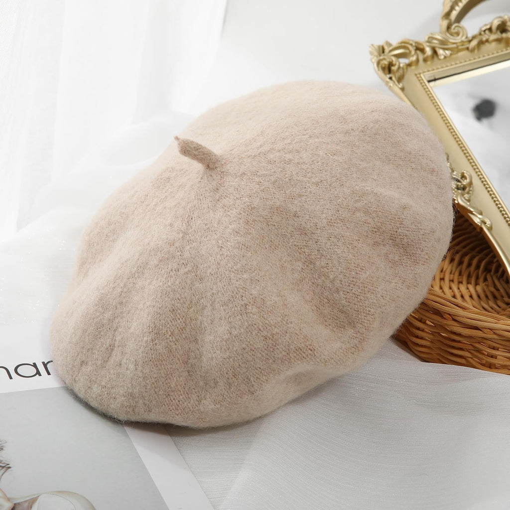 Women French Wool Beret Hats - Solid Color Classic Beanie Winter Cap