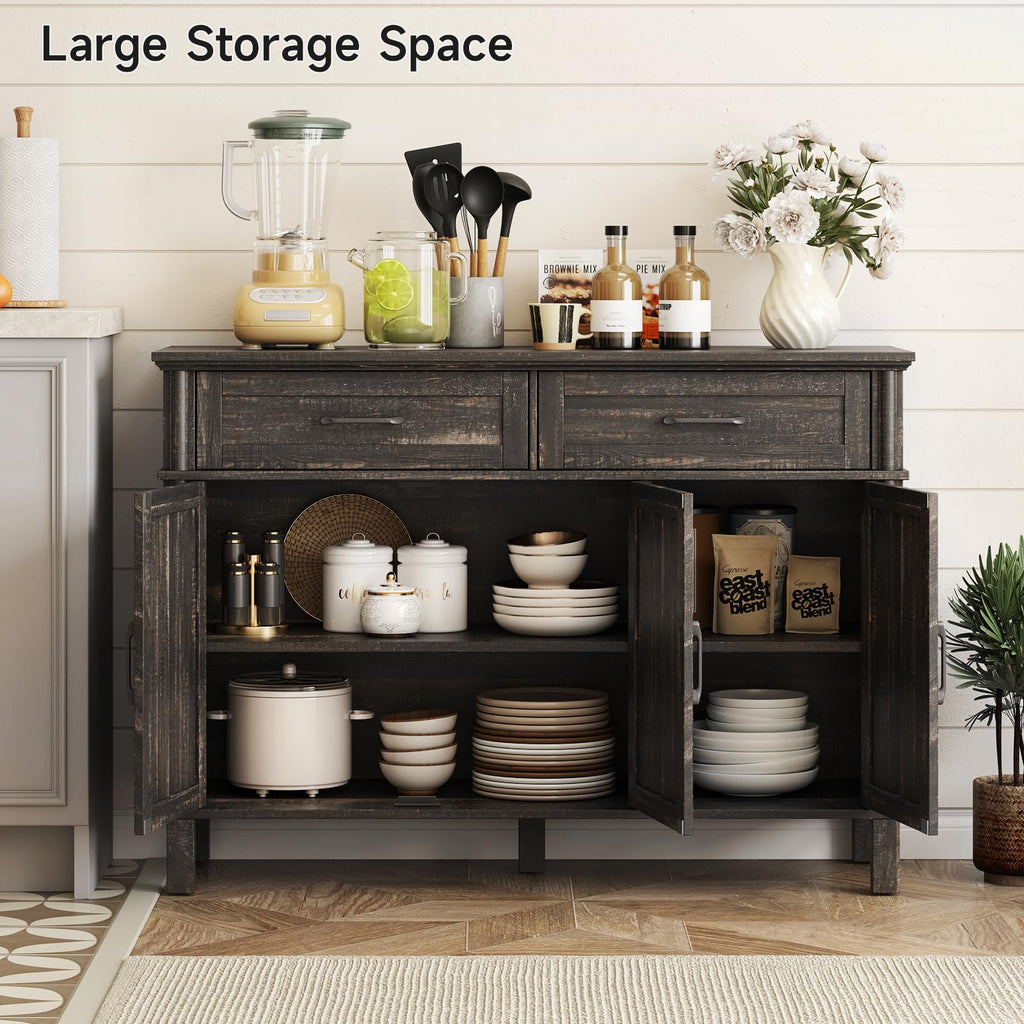 ONBRILL 48 Inches Buffet Cabinet with Storage, Farmhouse Sideboard Buffet w/2 Drawers and 3 Doors, Wood Coffee Bar Cabinet with Adjustable Shelves, Sideboard Storage for Kitchen, Living Room, Black