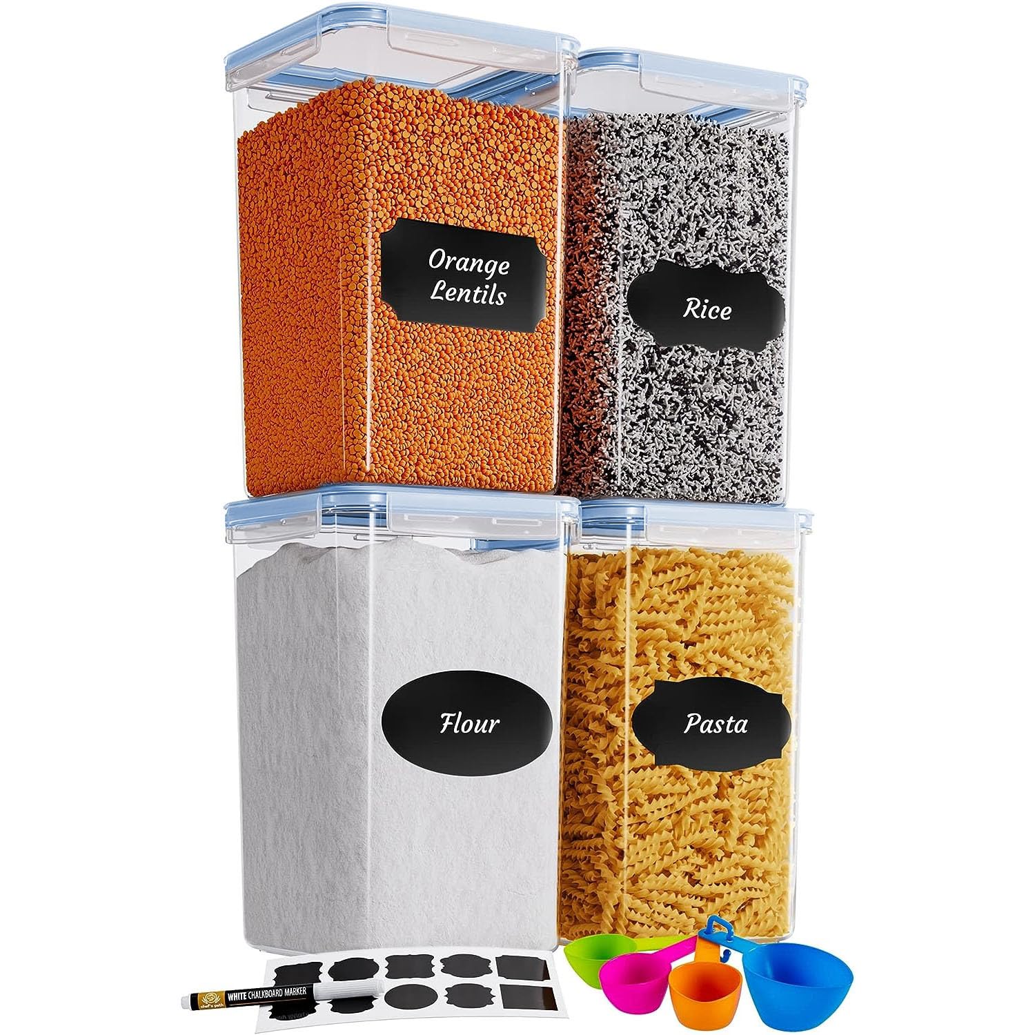 Chef's Path Kitchen Storage Box Set of 4 Extra Large Airtight Food Storage Jars for Sugar Flour Cereal Rice - Measuring Spoons, Pen and Food Preservation Labels (5.2 L)