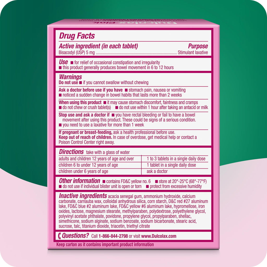 Dulcolax Pink Stimulant Laxative Tablets, Overnight Laxative, Predictable & Effective Constipation Relief, Relieves Straining & Bloating, Bisacodyl 5 mg, 25 Count