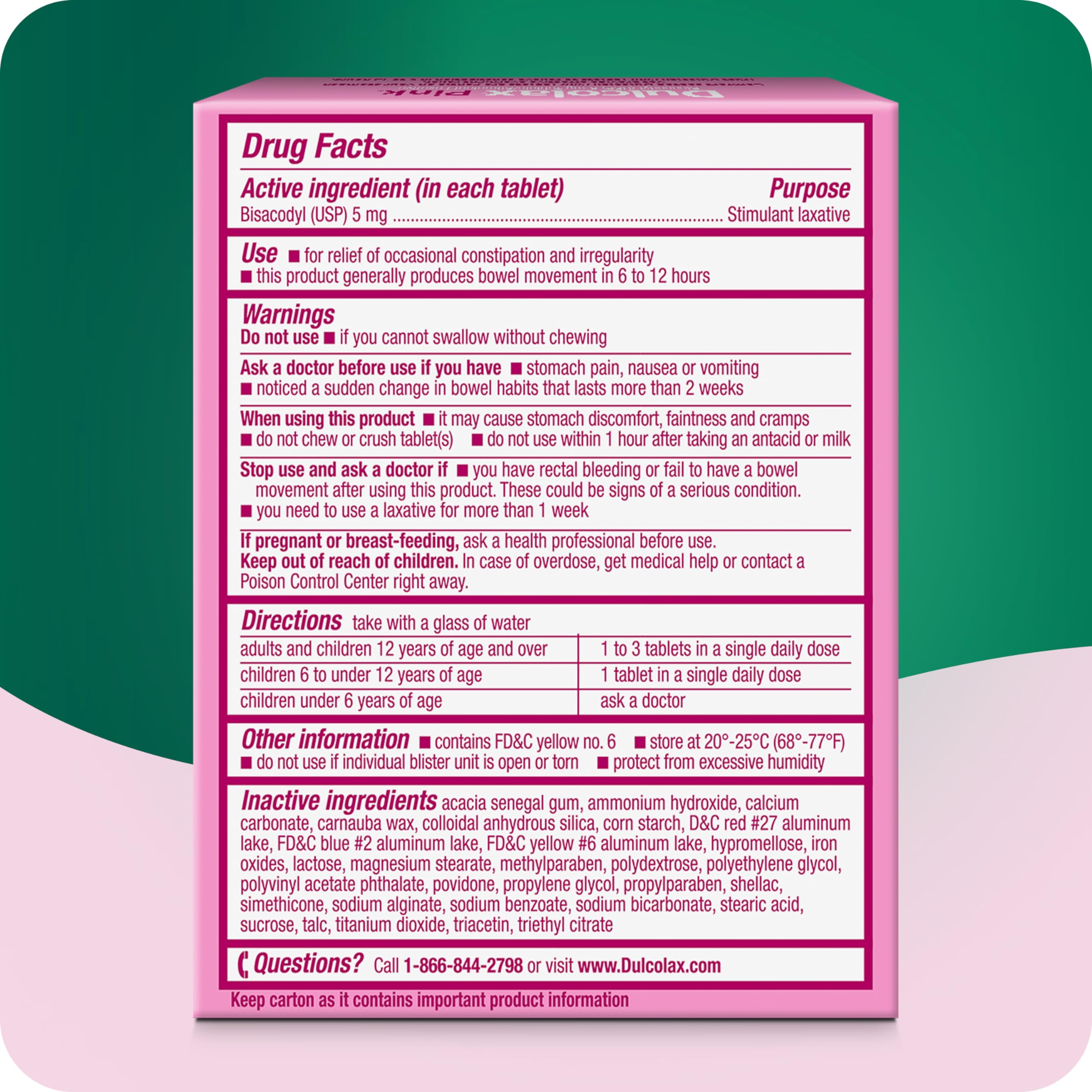 Dulcolax Pink Stimulant Laxative Tablets, Overnight Laxative, Predictable & Effective Constipation Relief, Relieves Straining & Bloating, Bisacodyl 5 mg, 25 Count